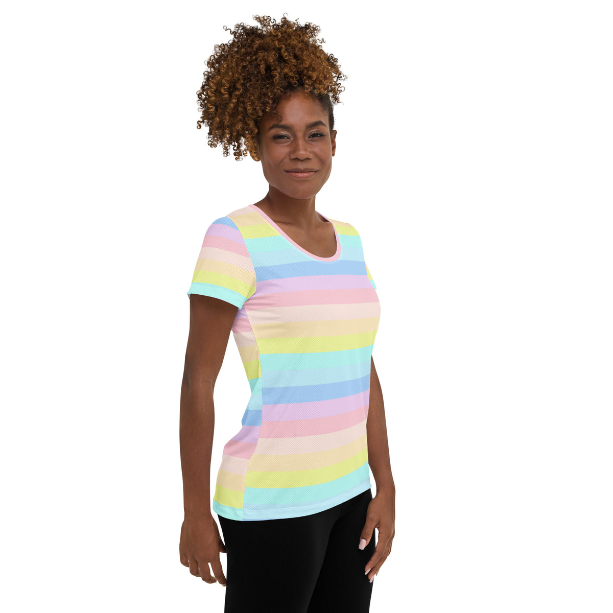 Women’s Pastel Rainbow Stripe Athletic T-Shirt - Lightweight Moisture Wicking Workout Top With UPF 50+