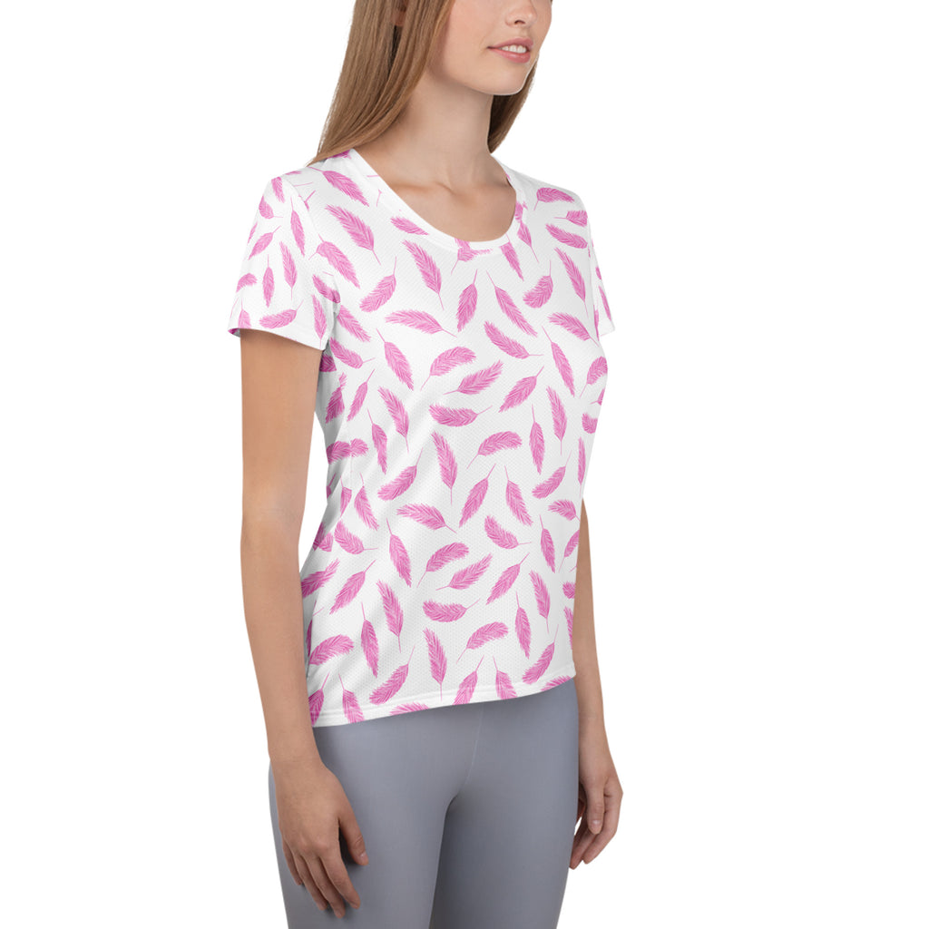 Women’s Pink Feather Athletic T-Shirt - Lightweight Moisture Wicking Workout Top With UPF 50+