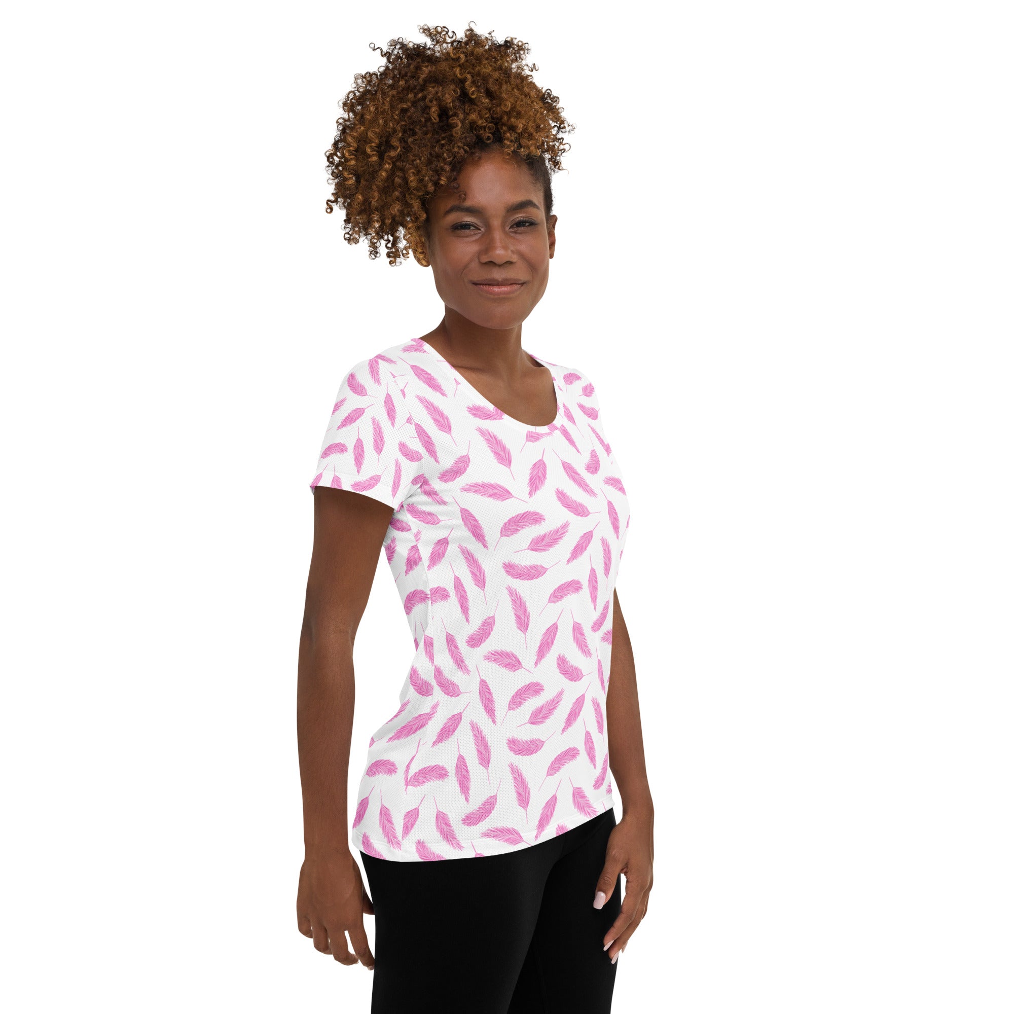 Women’s Pink Feather Athletic T-Shirt - Lightweight Moisture Wicking Workout Top With UPF 50+