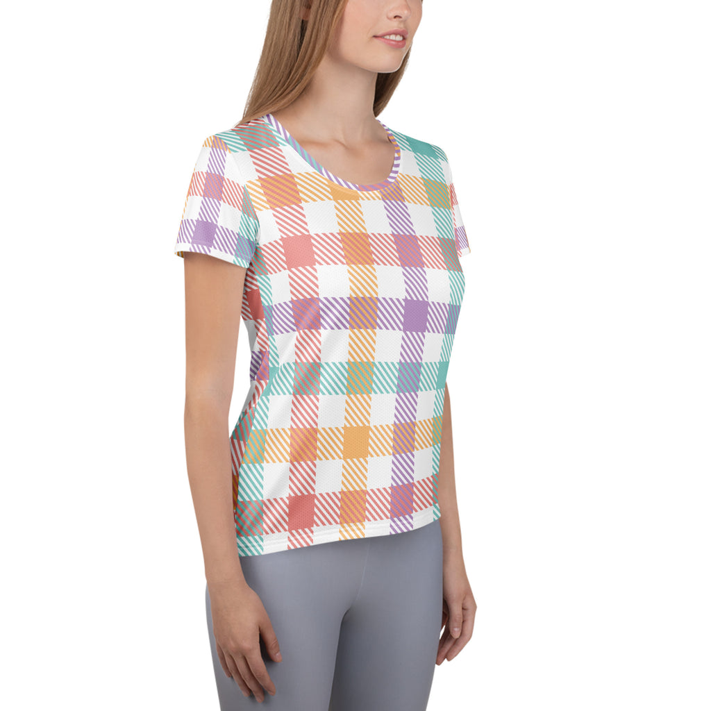 Women’s Pastel Plaid Athletic T-Shirt - Lightweight Moisture Wicking Workout Top With UPF 50+