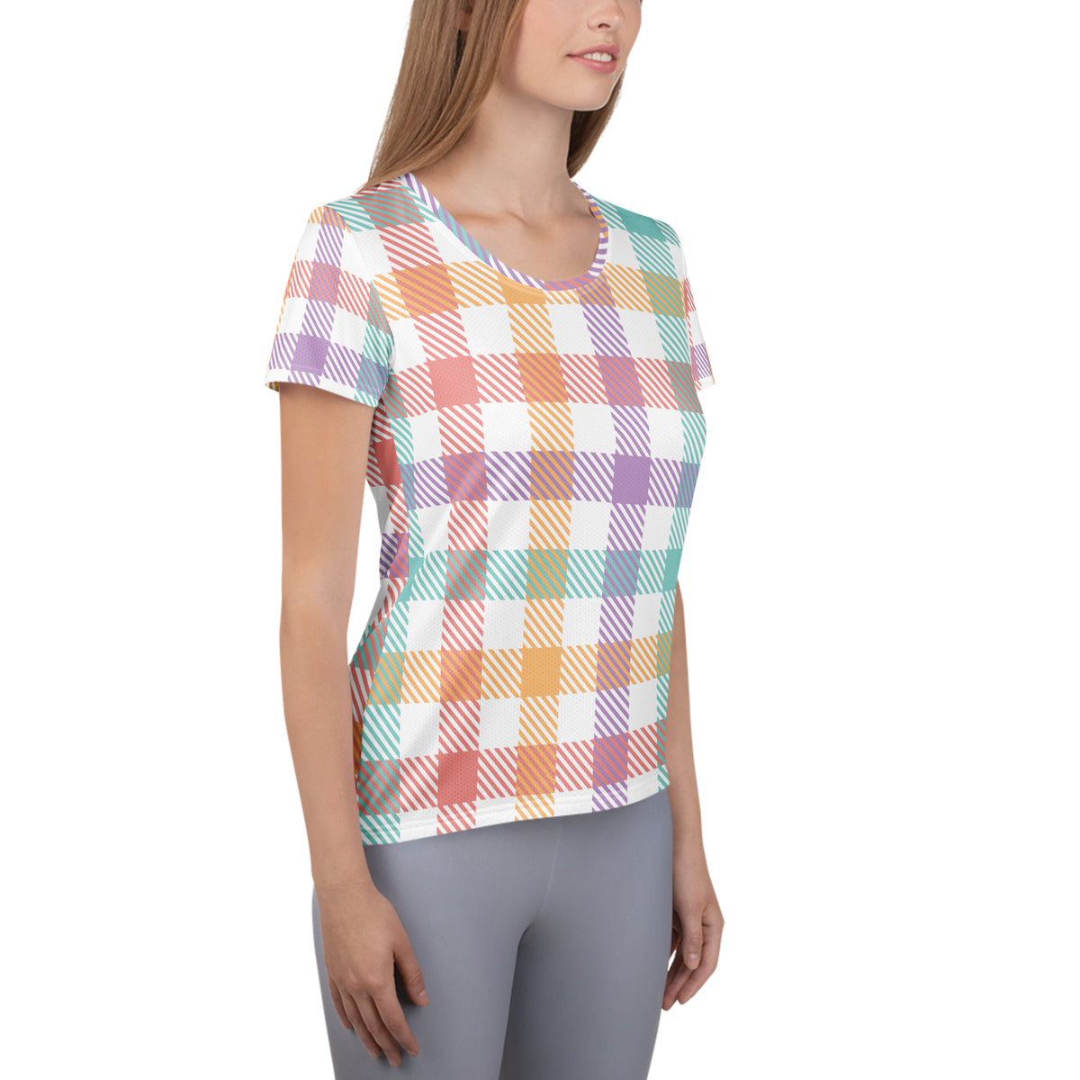 Women’s Pastel Plaid Athletic T-Shirt - Lightweight Moisture Wicking Workout Top With UPF 50+