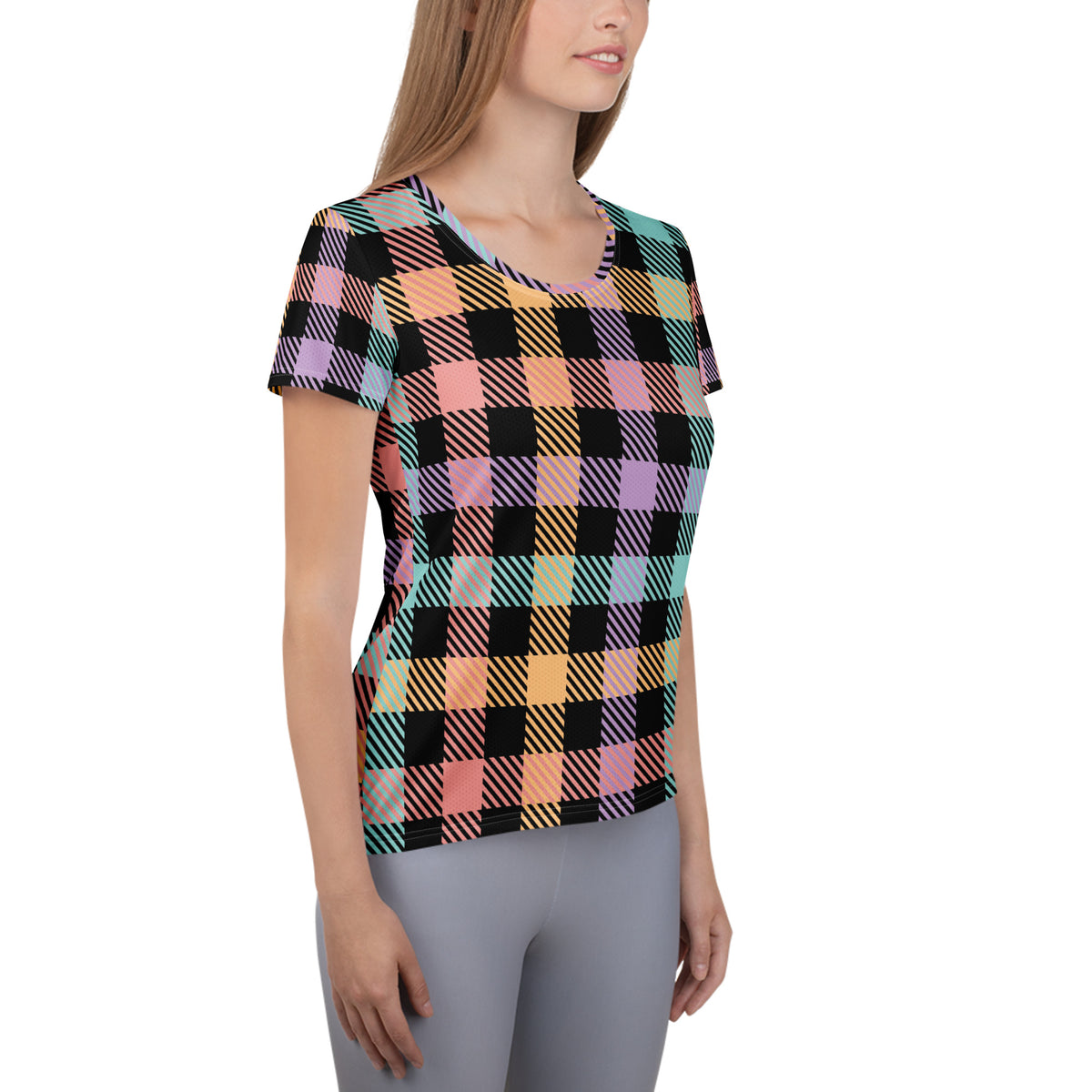Women’s Black Pastel Plaid Athletic T-Shirt - Lightweight Moisture Wicking Workout Top With UPF 50+