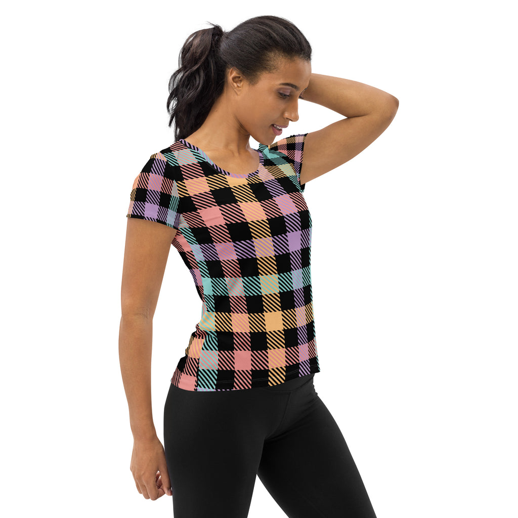 Women’s Black Pastel Plaid Athletic T-Shirt - Lightweight Moisture Wicking Workout Top With UPF 50+