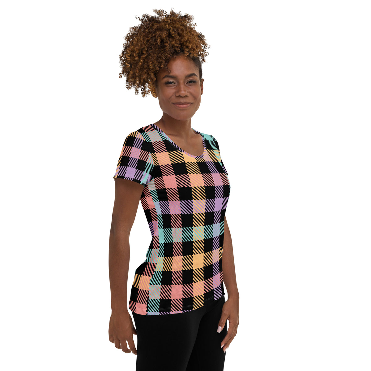 Women’s Black Pastel Plaid Athletic T-Shirt - Lightweight Moisture Wicking Workout Top With UPF 50+