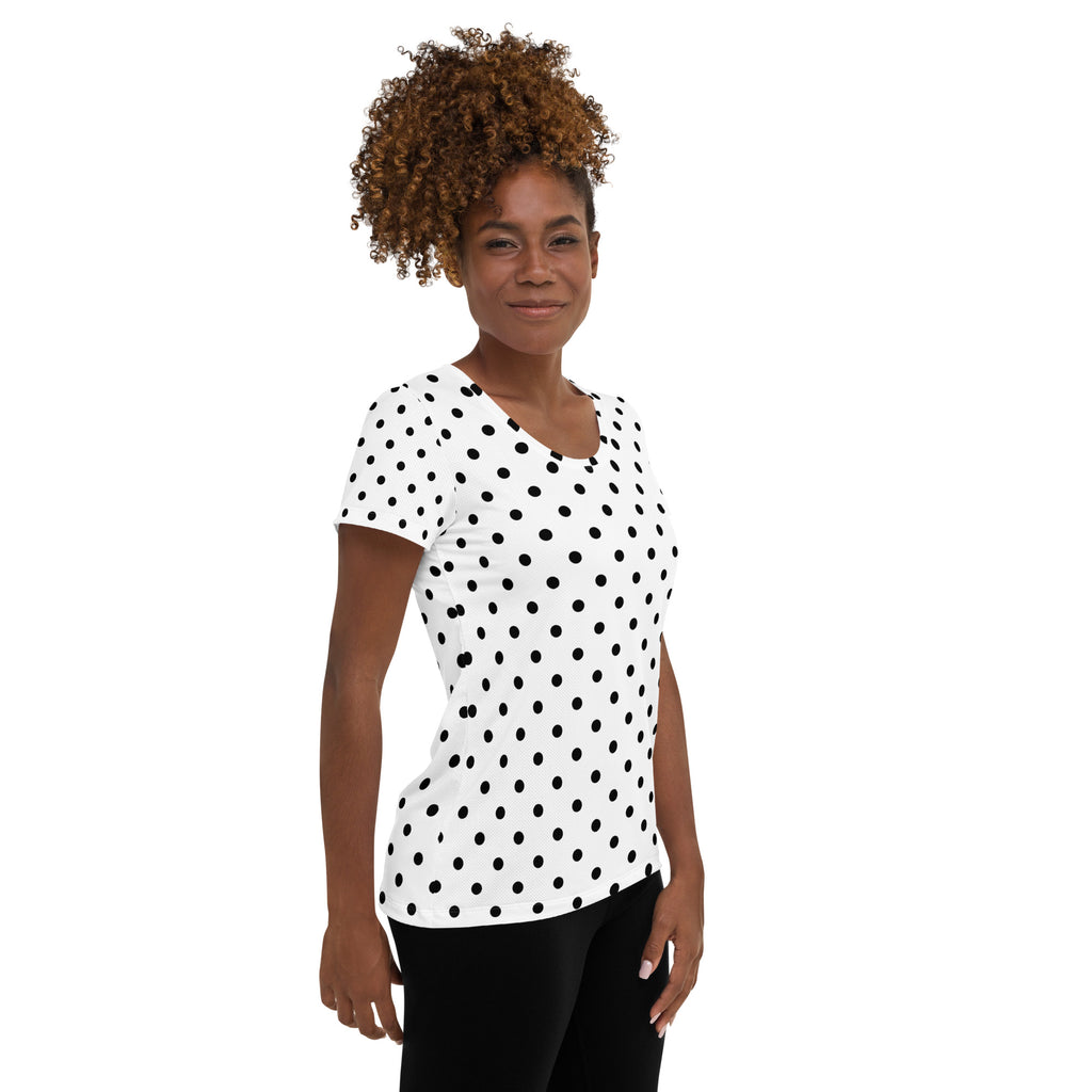 Women’s White Polka Dot Athletic T-Shirt - Lightweight Moisture Wicking Workout Top With UPF 50+