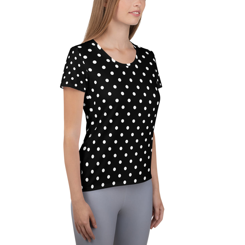 Women’s Black Polka Dot Athletic T-Shirt - Lightweight Moisture Wicking Workout Top With UPF 50+