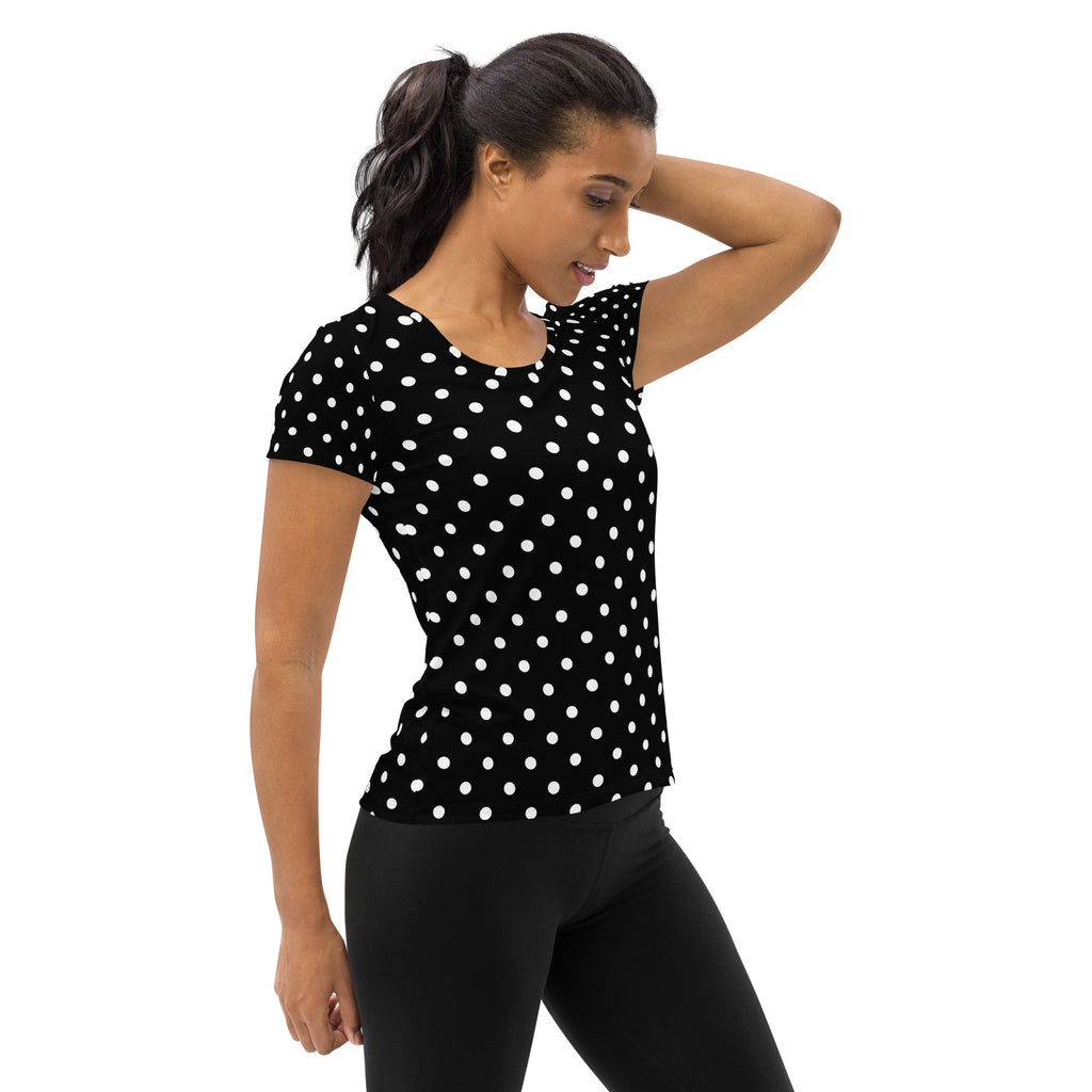 Women’s Black Polka Dot Athletic T-Shirt - Lightweight Moisture Wicking Workout Top With UPF 50+