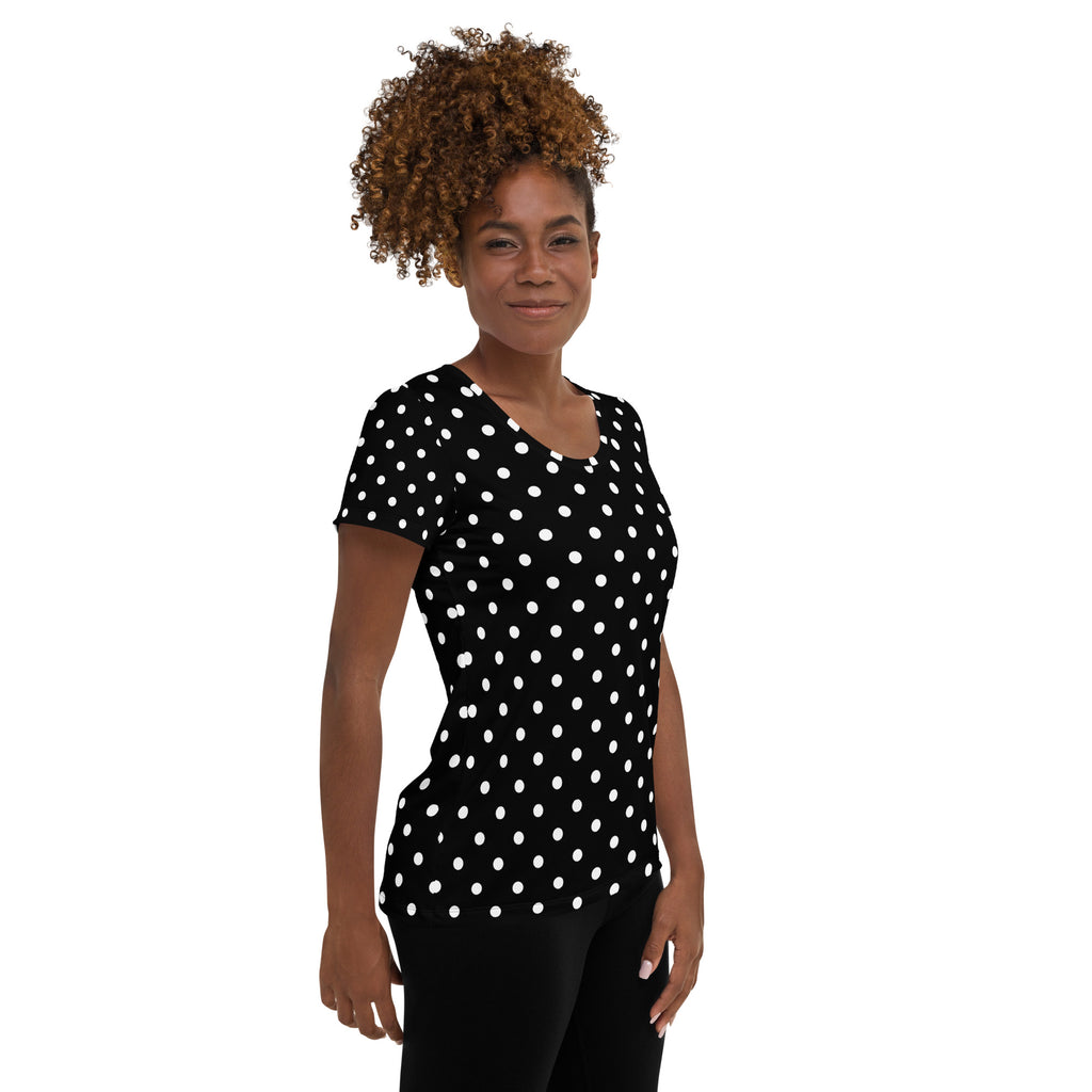 Women’s Black Polka Dot Athletic T-Shirt - Lightweight Moisture Wicking Workout Top With UPF 50+