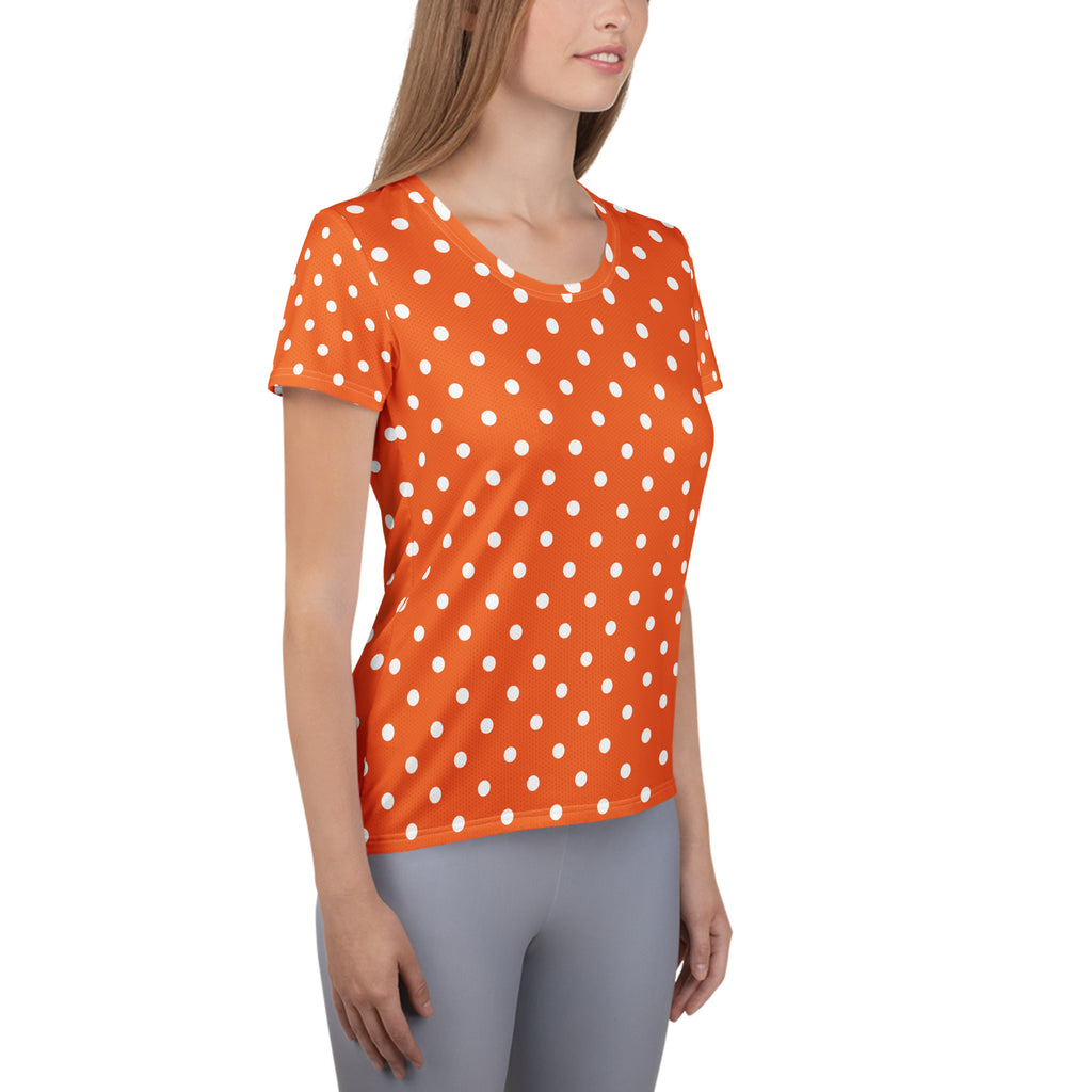 Women’s Orange Polka Dot Athletic T-Shirt - Lightweight Moisture Wicking Workout Top With UPF 50+