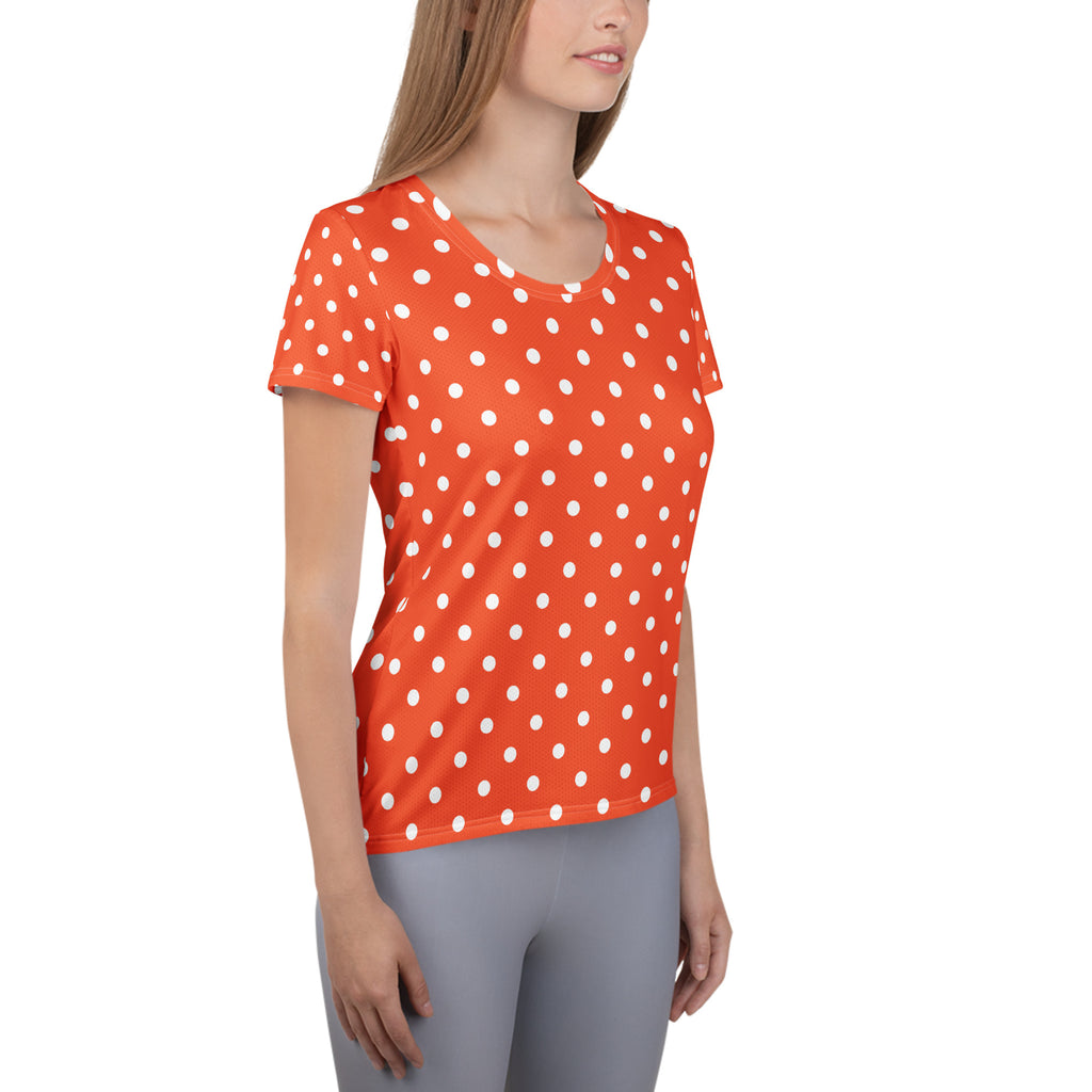 Women’s Bright Orange Polka Dot Athletic T-Shirt - Lightweight Moisture Wicking Workout Top With UPF 50+