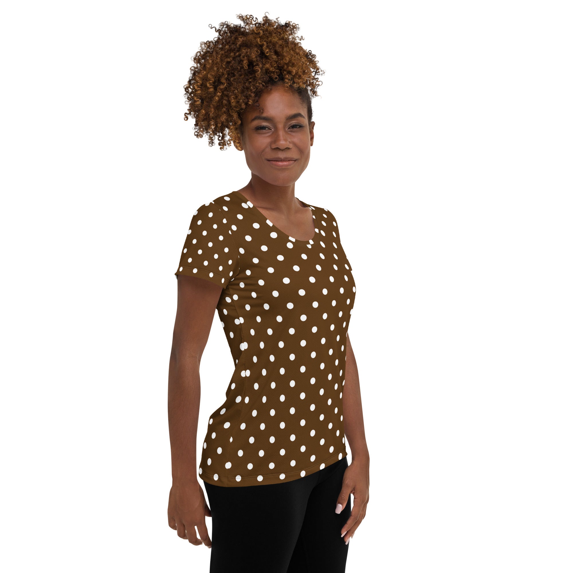 Women’s Brown Polka Dot Athletic T-Shirt - Lightweight Moisture Wicking Workout Top With UPF 50+