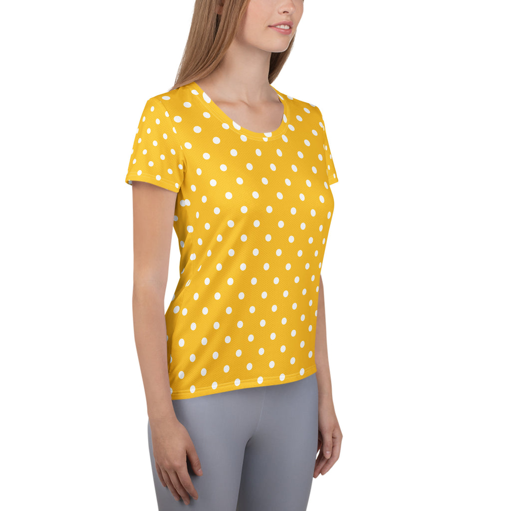 Women’s Yellow Polka Dot Athletic T-Shirt - Lightweight Moisture Wicking Workout Top With UPF 50+