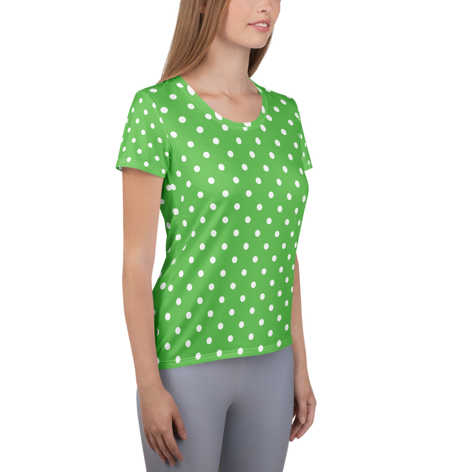 Women’s Green Polka Dot Athletic T-Shirt - Lightweight Moisture Wicking Workout Top With UPF 50+