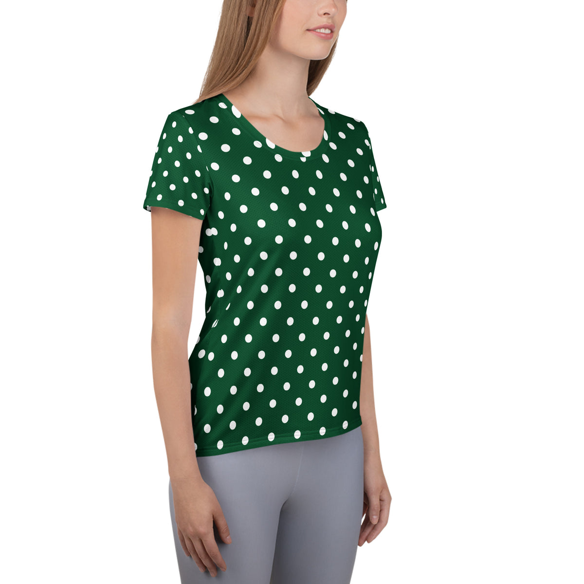 Women’s Forest Green Polka Dot Athletic T-Shirt - Lightweight Moisture Wicking Workout Top With UPF 50+