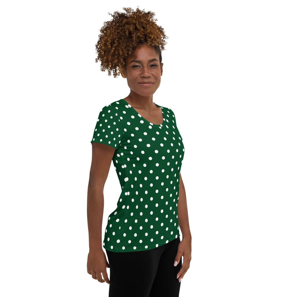 Women’s Forest Green Polka Dot Athletic T-Shirt - Lightweight Moisture Wicking Workout Top With UPF 50+