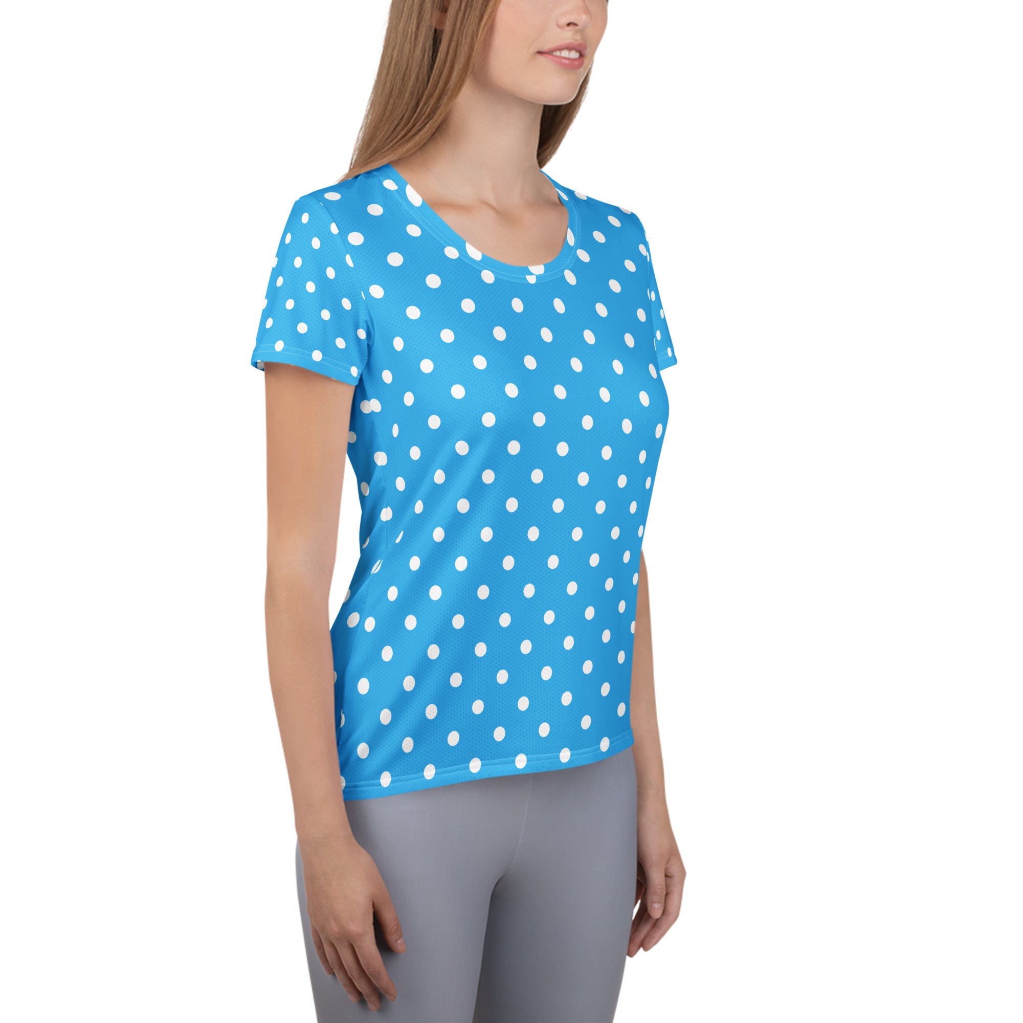 Women’s Light Blue Polka Dot Athletic T-Shirt - Lightweight Moisture Wicking Workout Top With UPF 50+