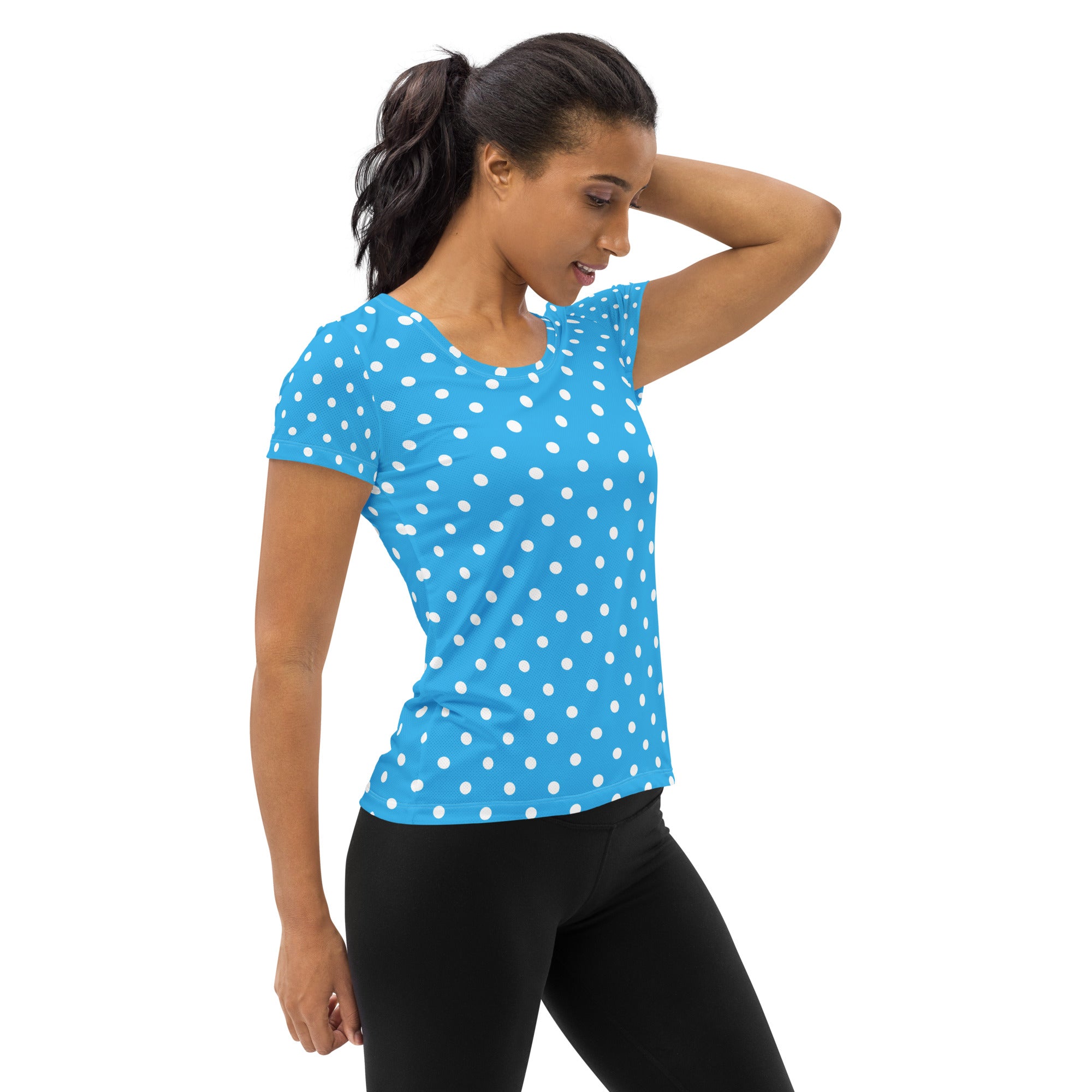 Women’s Light Blue Polka Dot Athletic T-Shirt - Lightweight Moisture Wicking Workout Top With UPF 50+