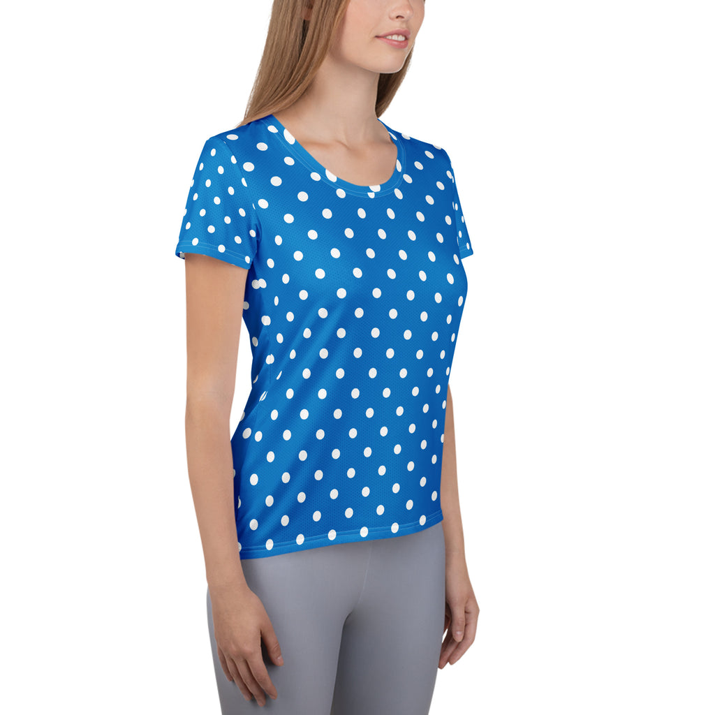 Women’s Royal Blue Polka Dot Athletic T-Shirt - Lightweight Moisture Wicking Workout Top With UPF 50+