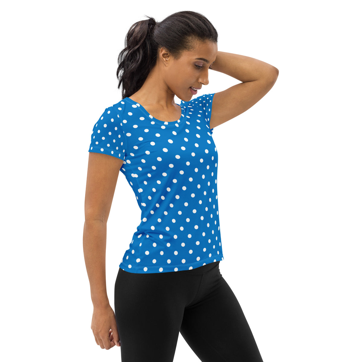 Women’s Royal Blue Polka Dot Athletic T-Shirt - Lightweight Moisture Wicking Workout Top With UPF 50+