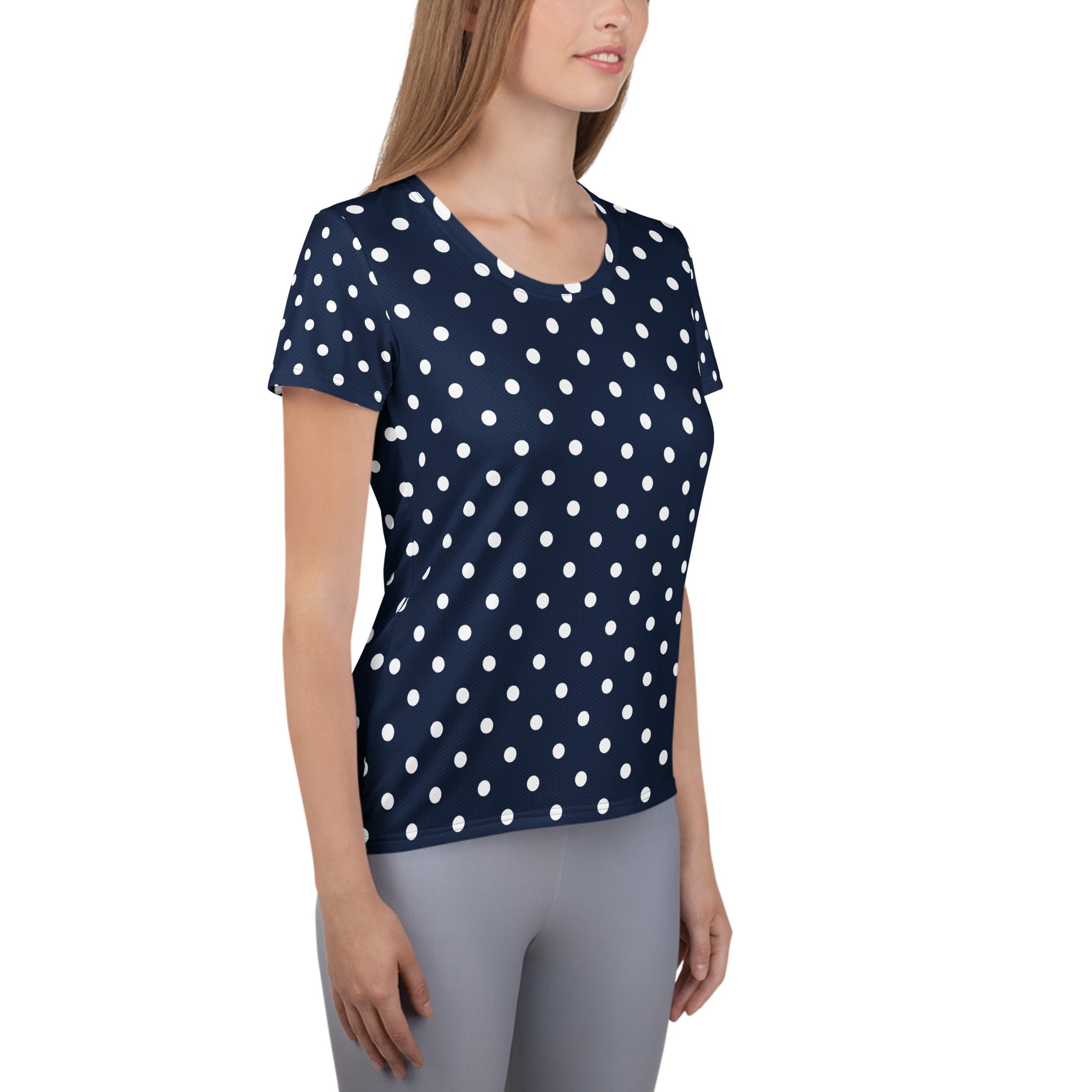Women’s Navy Blue Polka Dot Athletic T-Shirt - Lightweight Moisture Wicking Workout Top With UPF 50+