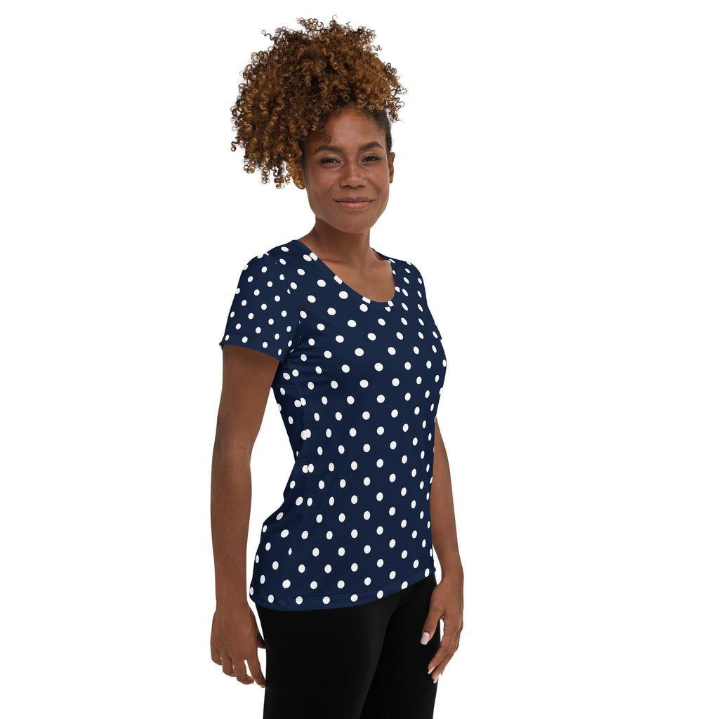 Women’s Navy Blue Polka Dot Athletic T-Shirt - Lightweight Moisture Wicking Workout Top With UPF 50+