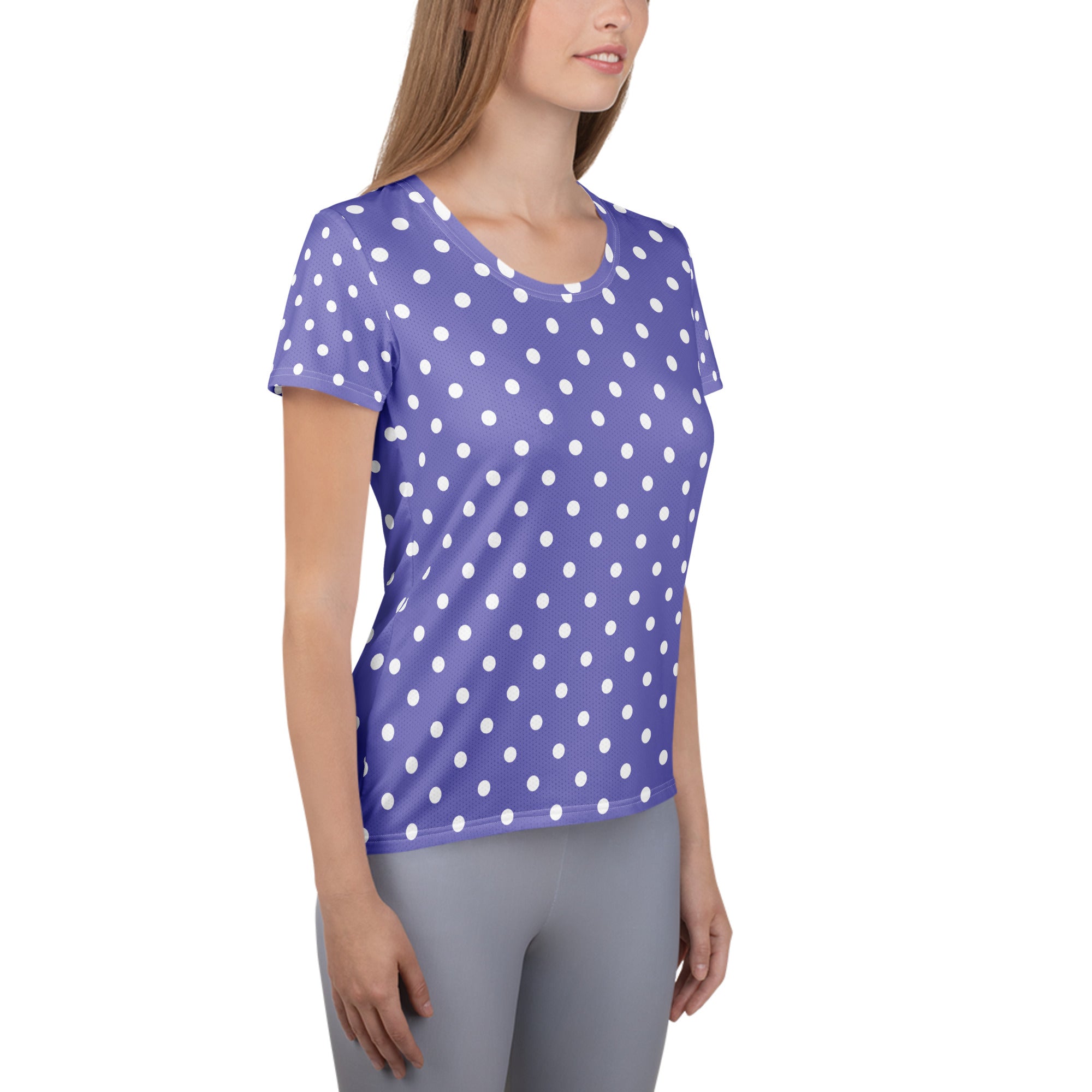Women’s Lavender Purple Polka Dot Athletic T-Shirt - Lightweight Moisture Wicking Workout Top With UPF 50+