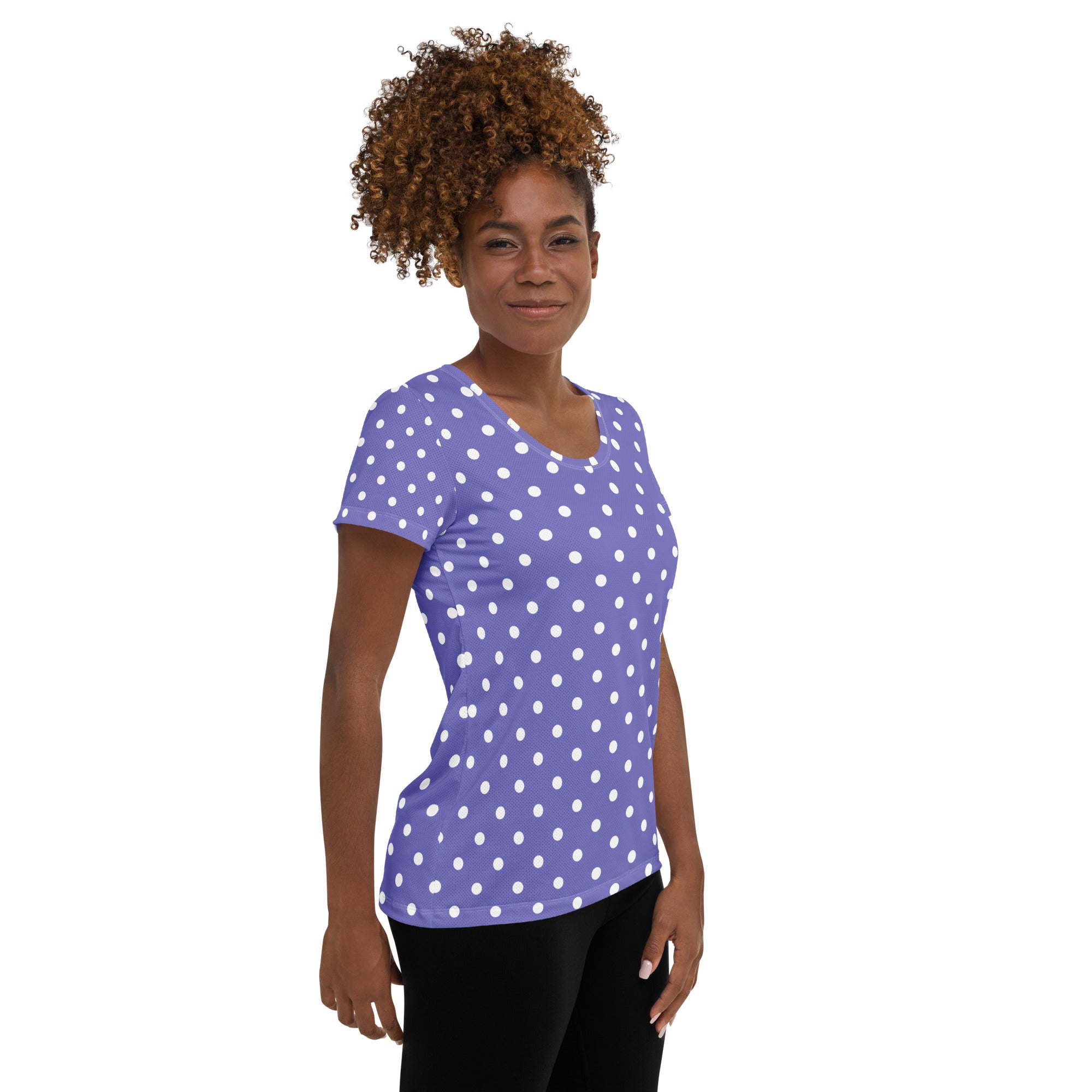 Women’s Lavender Purple Polka Dot Athletic T-Shirt - Lightweight Moisture Wicking Workout Top With UPF 50+