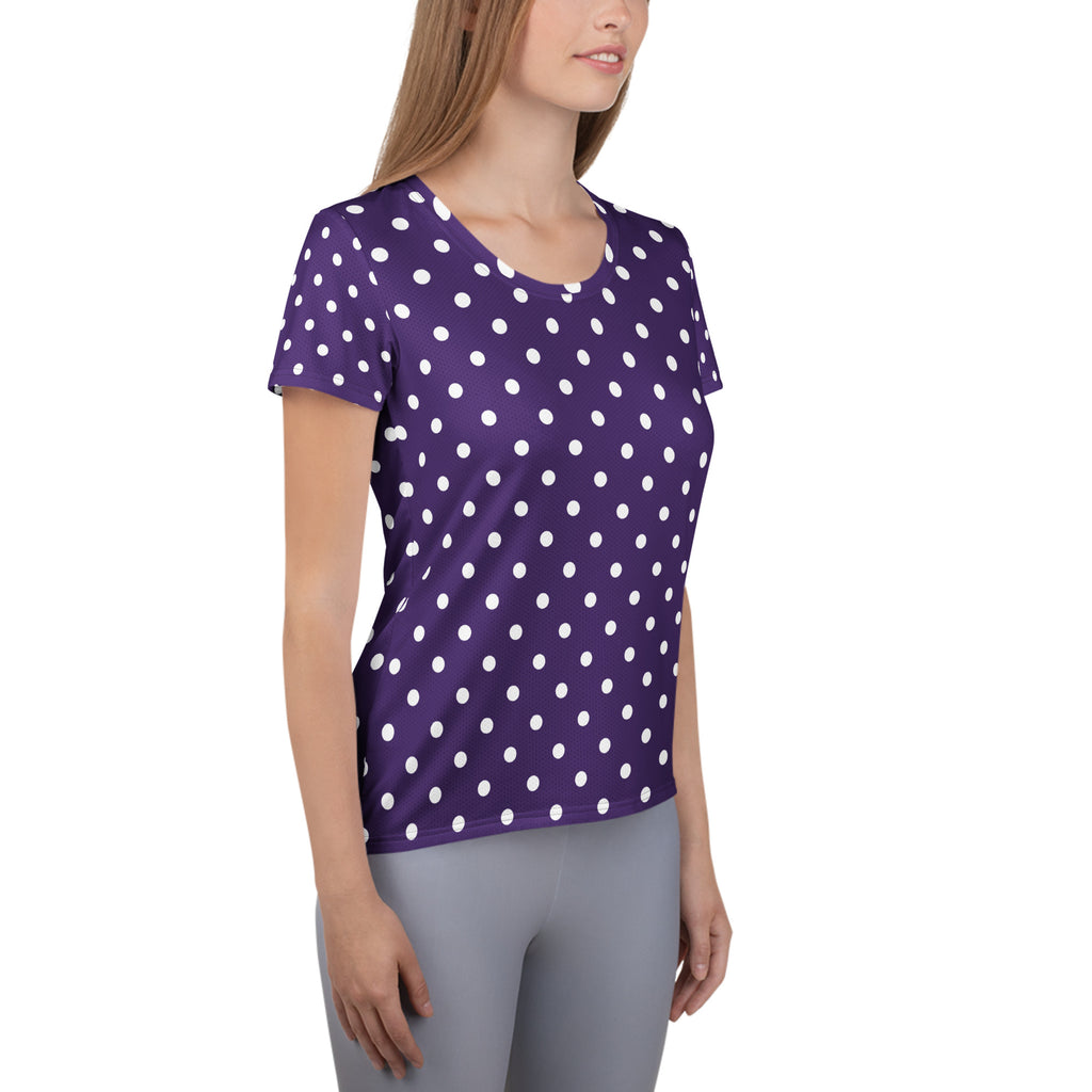 Women’s Dark Purple Polka Dot Athletic T-Shirt - Lightweight Moisture Wicking Workout Top With UPF 50+