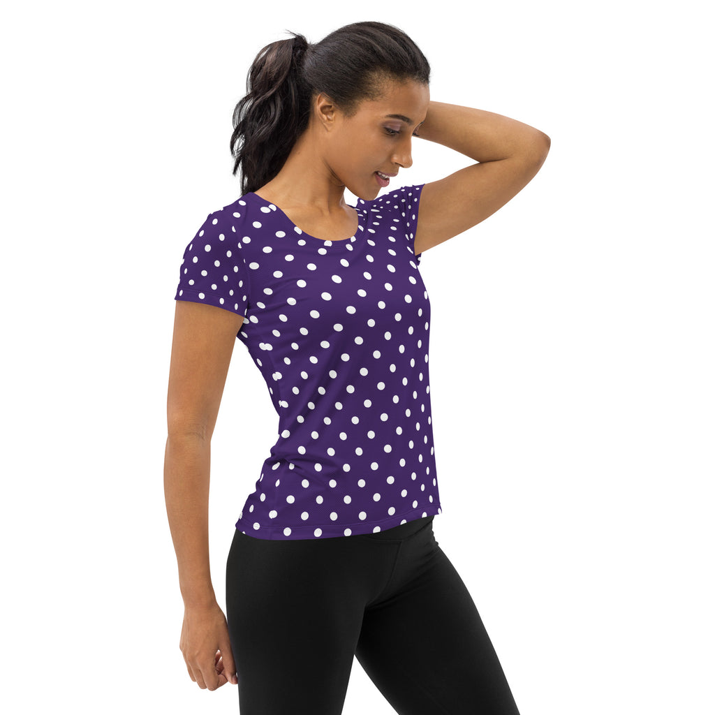 Women’s Dark Purple Polka Dot Athletic T-Shirt - Lightweight Moisture Wicking Workout Top With UPF 50+