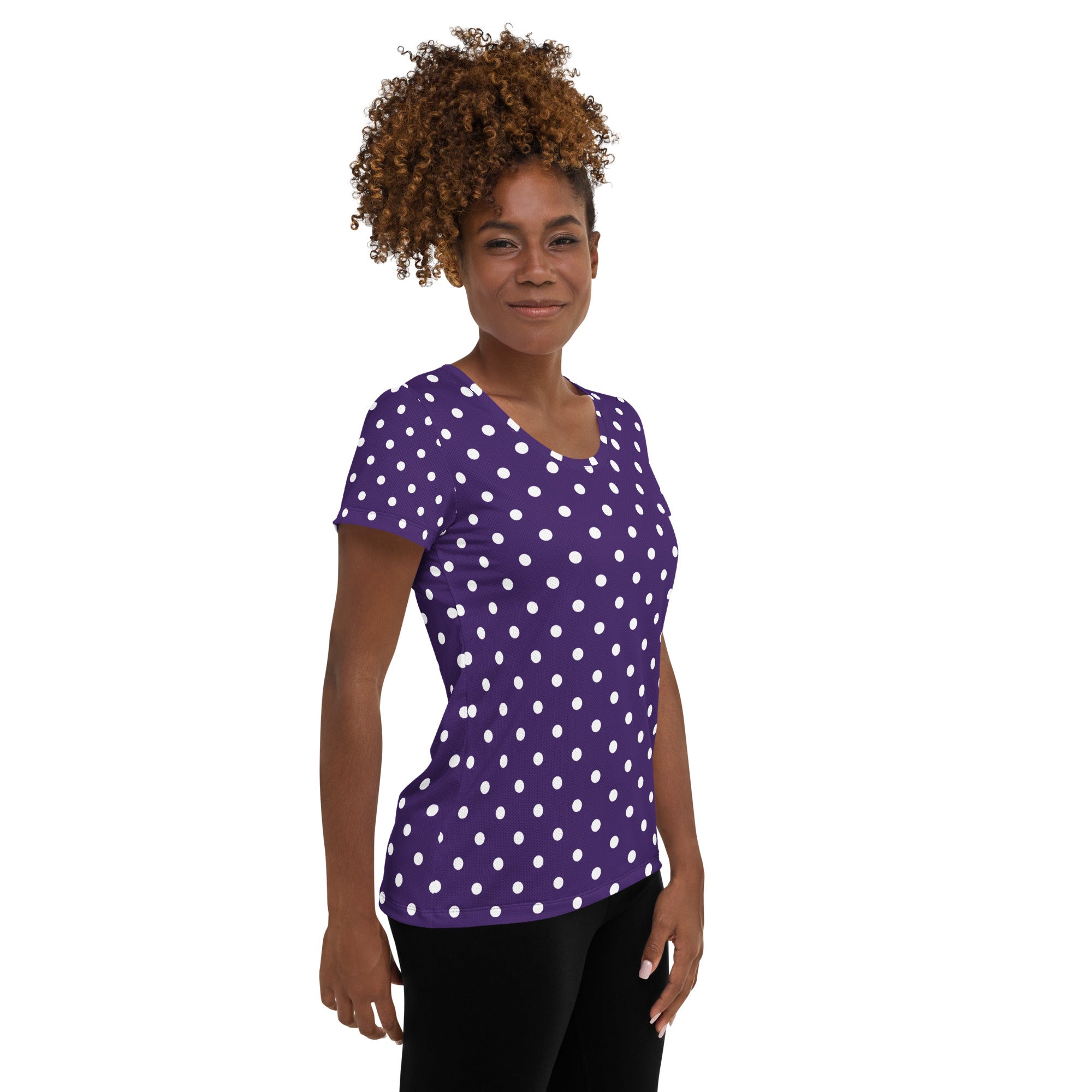 Women’s Dark Purple Polka Dot Athletic T-Shirt - Lightweight Moisture Wicking Workout Top With UPF 50+