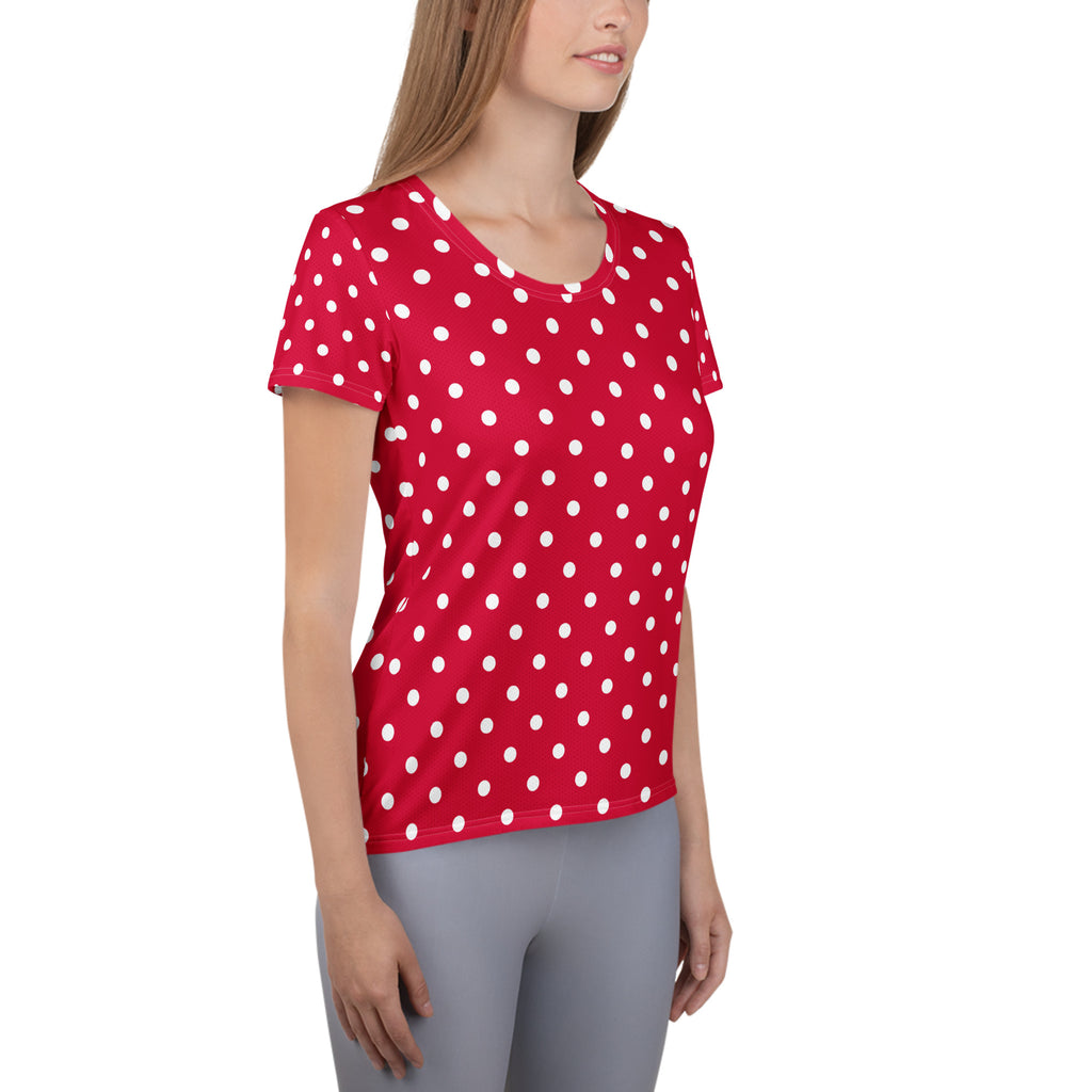 Women’s Crimson Red Polka Dot Athletic T-Shirt - Lightweight Moisture Wicking Workout Top With UPF 50+