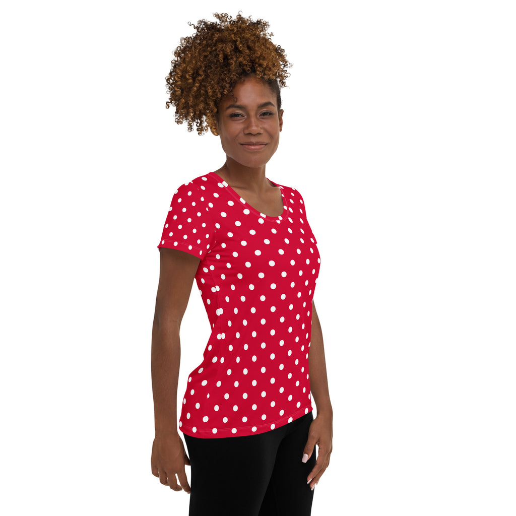 Women’s Crimson Red Polka Dot Athletic T-Shirt - Lightweight Moisture Wicking Workout Top With UPF 50+