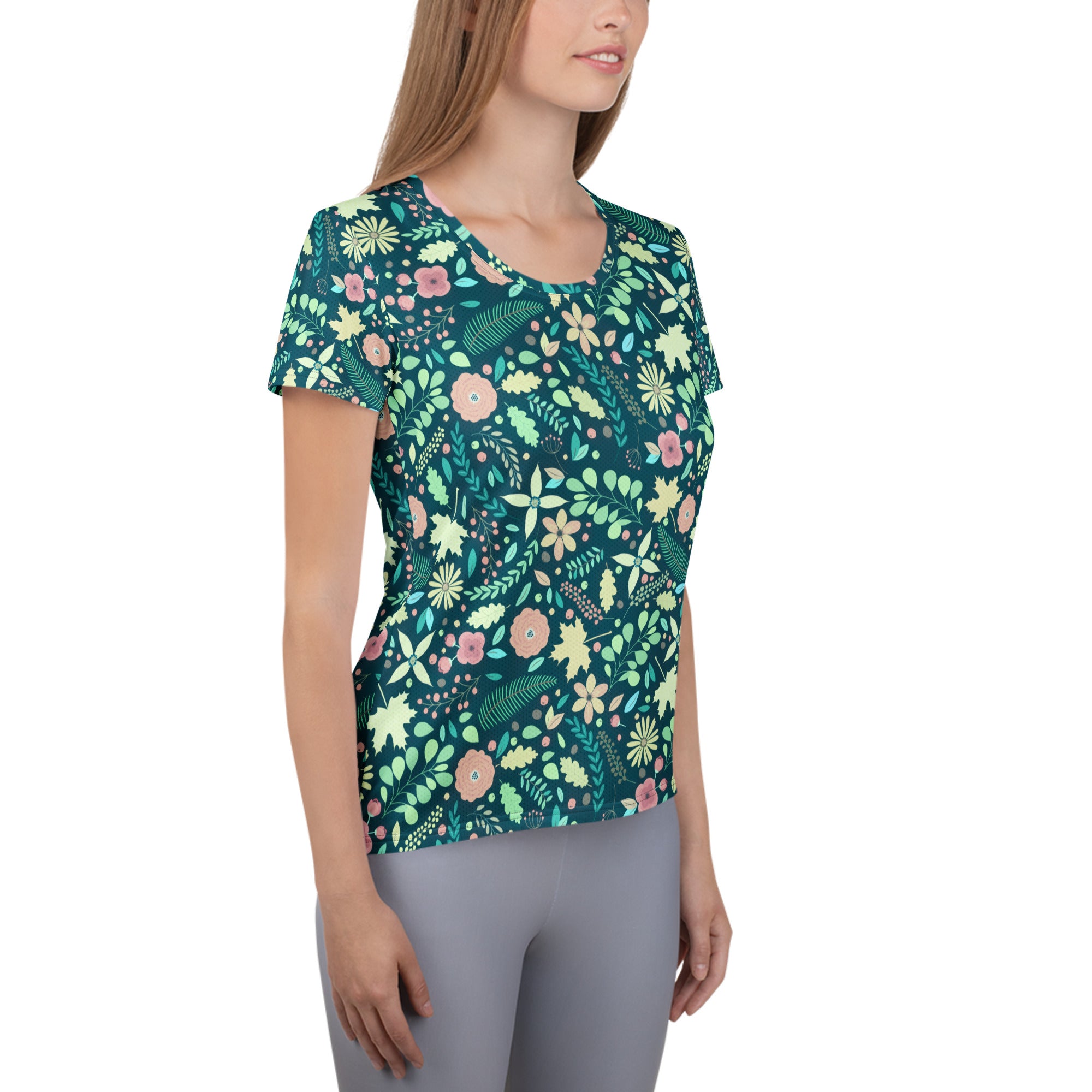 Women’s Teal Floral Athletic T-Shirt - Lightweight Moisture Wicking Workout Top With UPF 50+