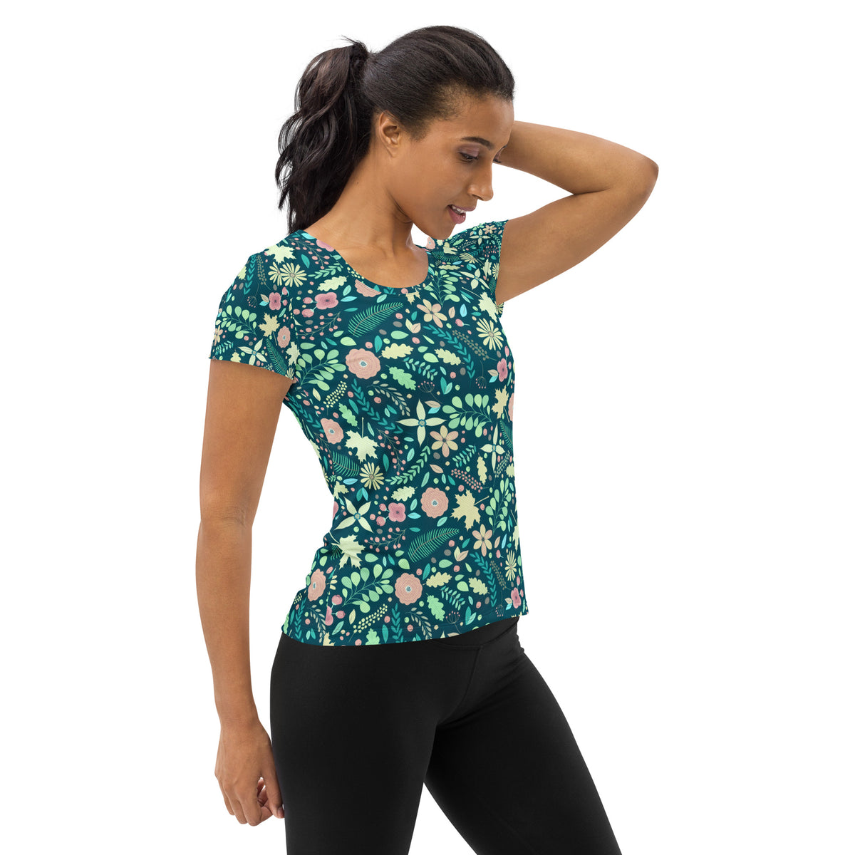 Women’s Teal Floral Athletic T-Shirt - Lightweight Moisture Wicking Workout Top With UPF 50+