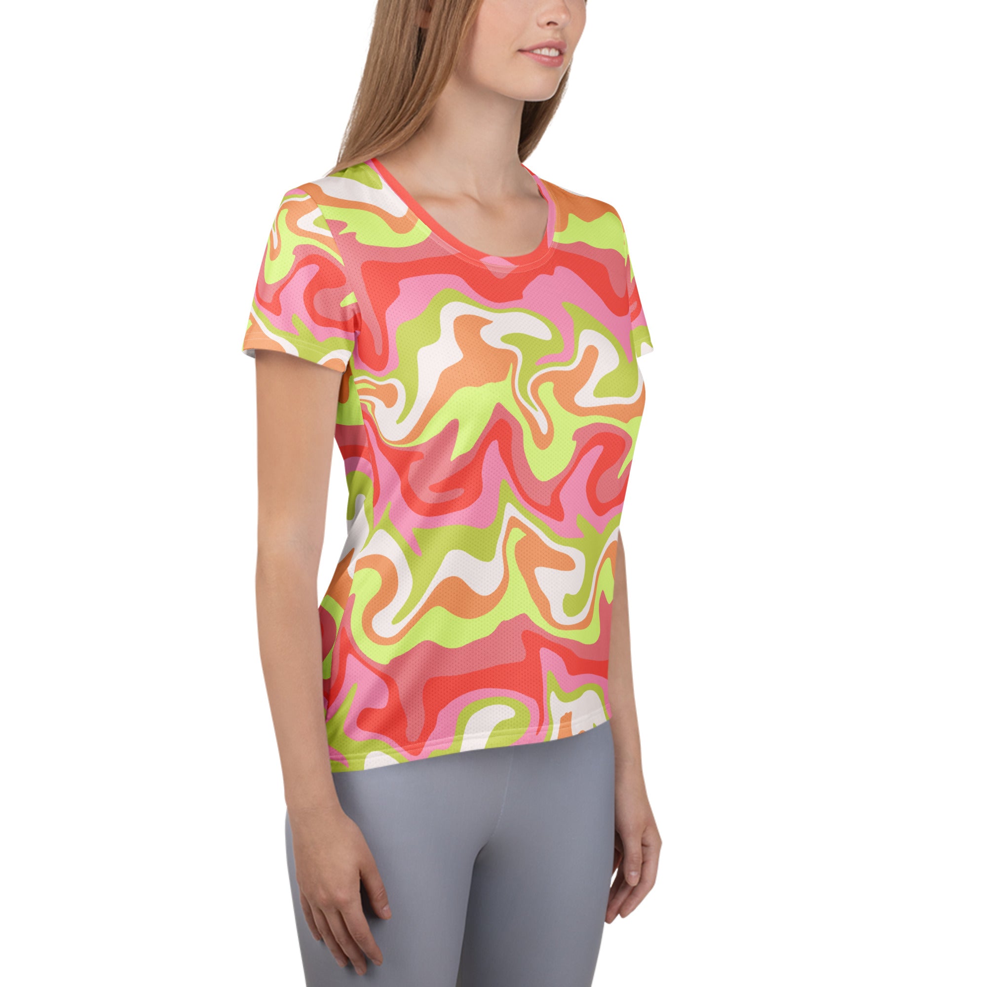 Women’s Pink & Lime Swirl Athletic T-Shirt - Lightweight Moisture Wicking Workout Top With UPF 50+
