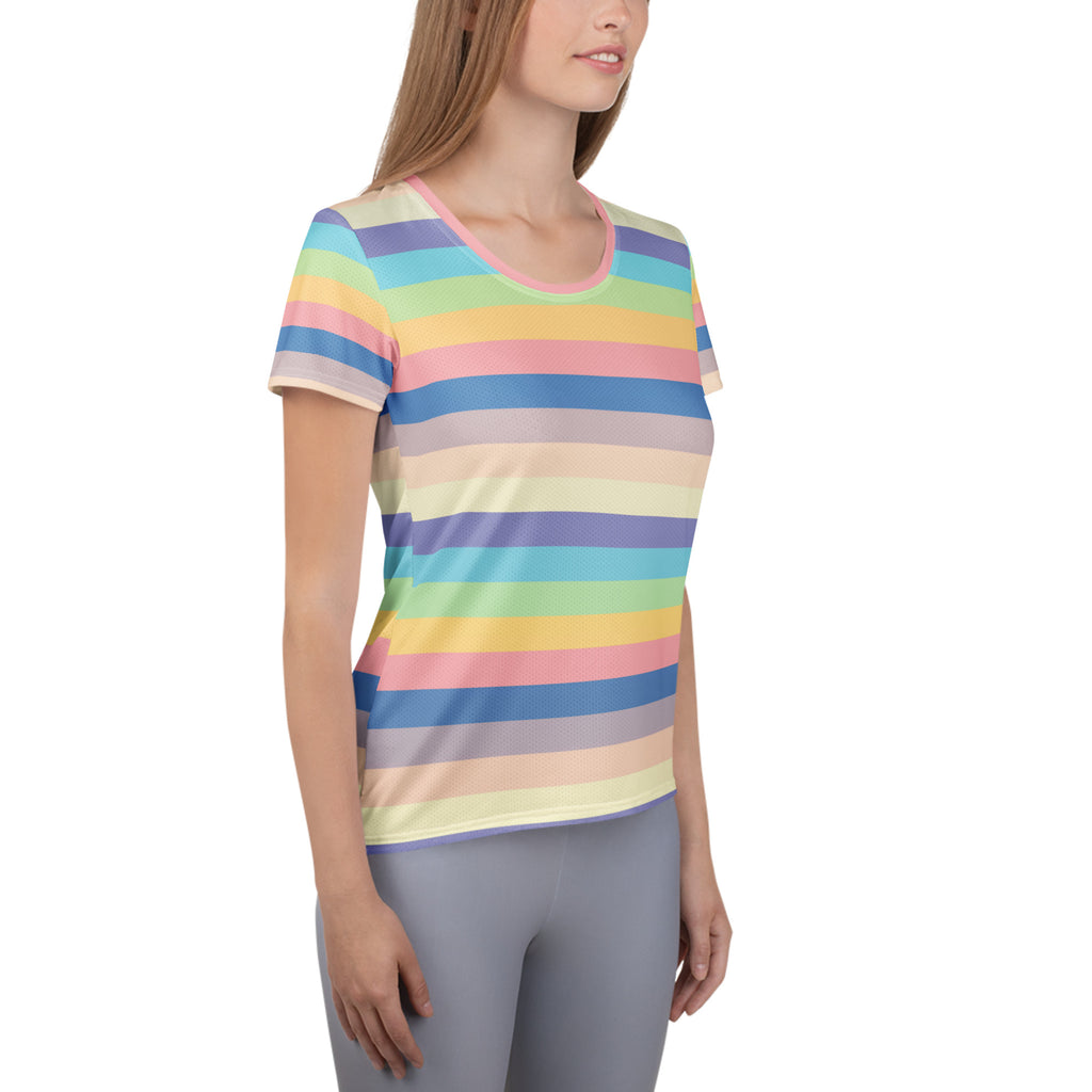 Women’s Colorful Stripe Athletic T-Shirt - Lightweight Moisture Wicking Workout Top With UPF 50+