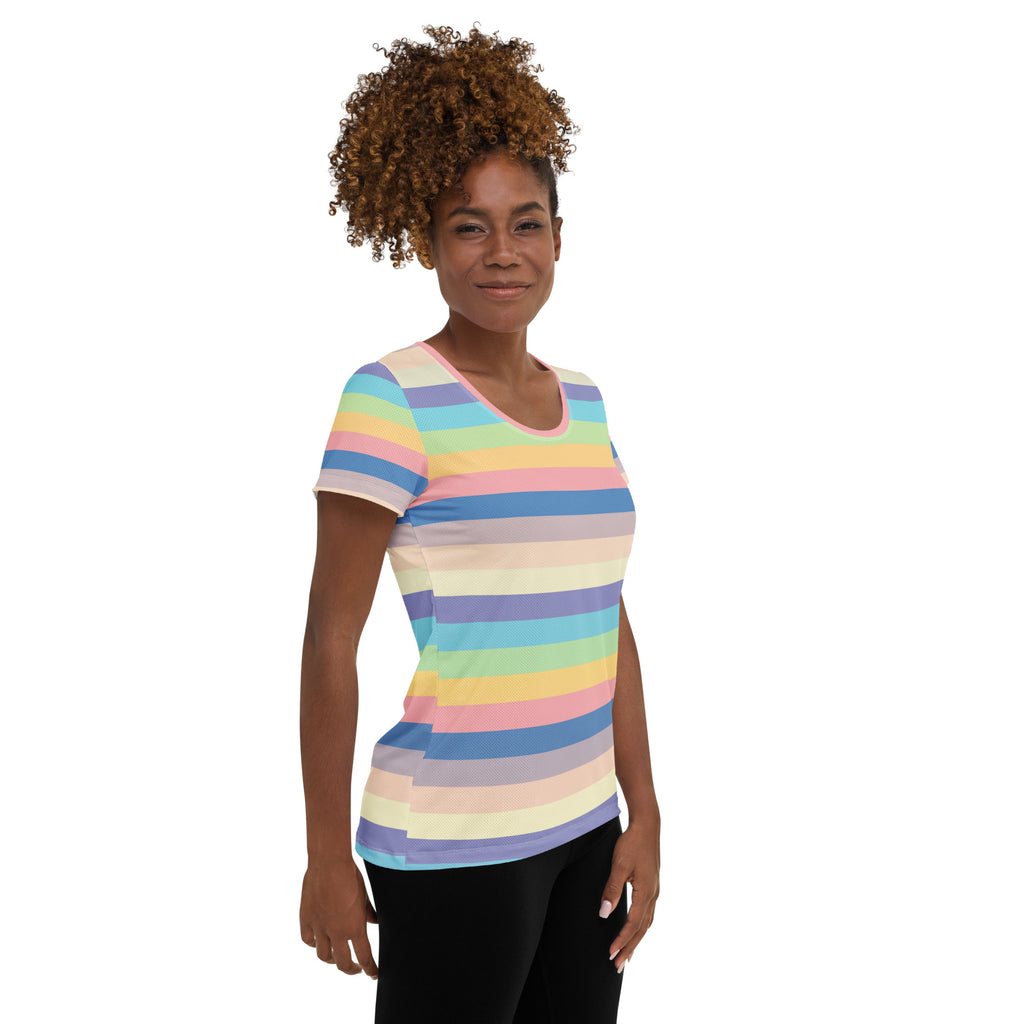 Women’s Colorful Stripe Athletic T-Shirt - Lightweight Moisture Wicking Workout Top With UPF 50+