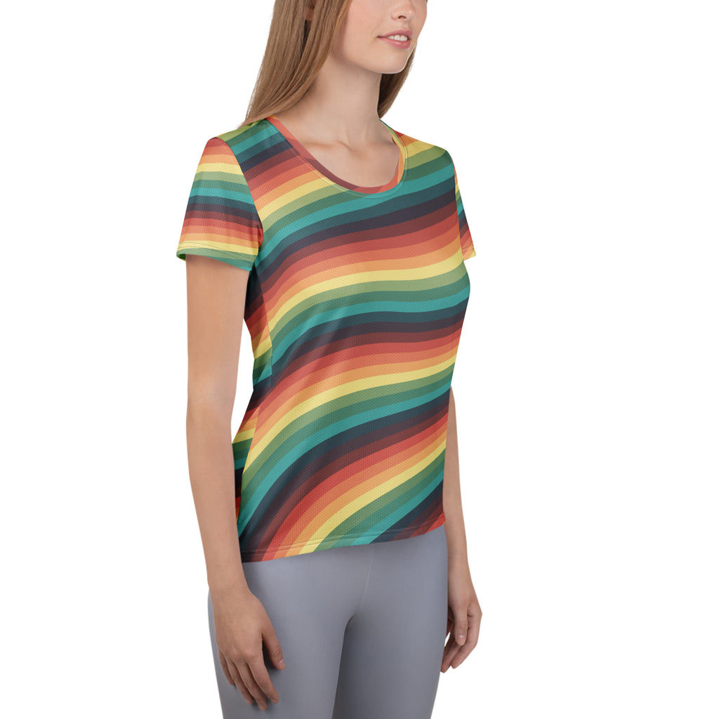 Women’s Retro Rainbow Stripe Athletic T-Shirt - Lightweight Moisture Wicking Workout Top With UPF 50+