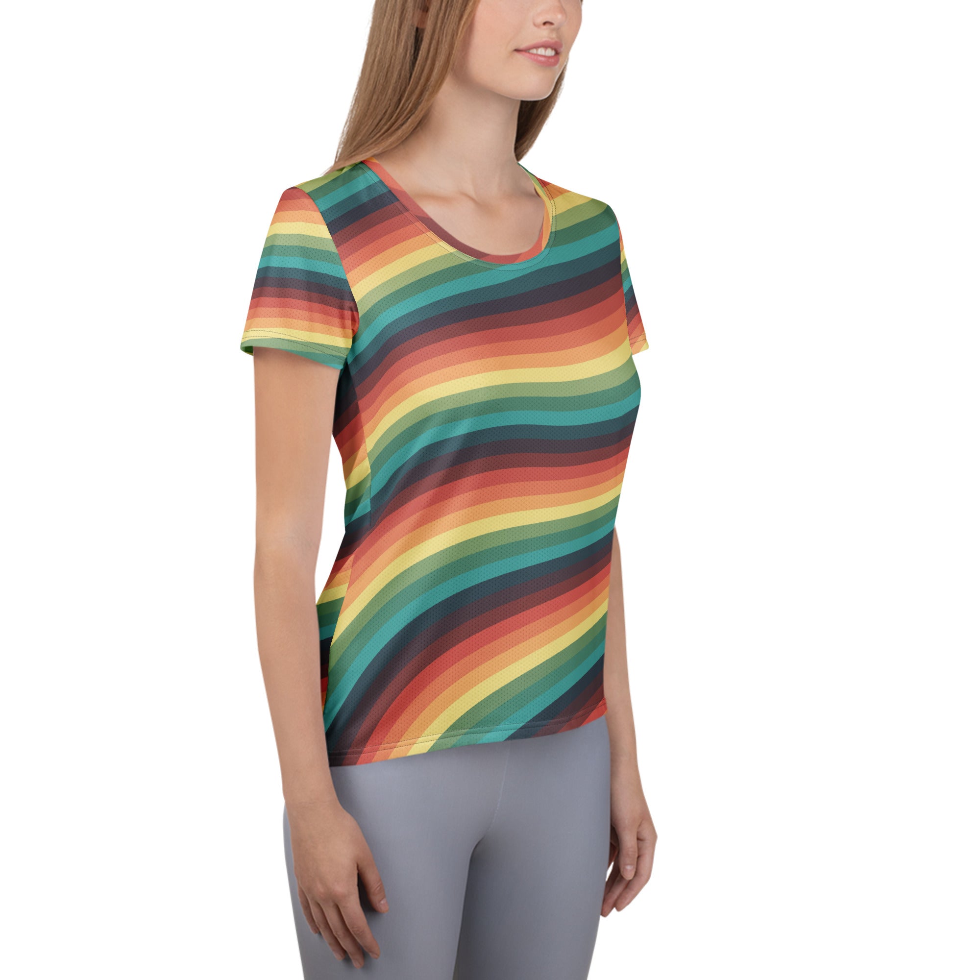 Women’s Retro Rainbow Stripe Athletic T-Shirt - Lightweight Moisture Wicking Workout Top With UPF 50+