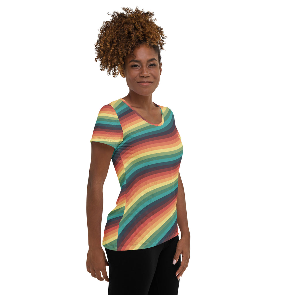 Women’s Retro Rainbow Stripe Athletic T-Shirt - Lightweight Moisture Wicking Workout Top With UPF 50+