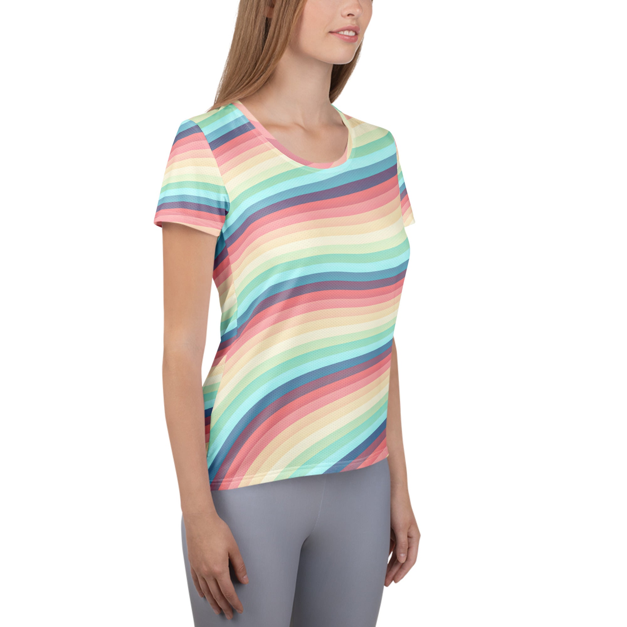 Women’s Pastel Rainbow Wave Athletic T-Shirt - Lightweight Moisture Wicking Workout Top With UPF 50+