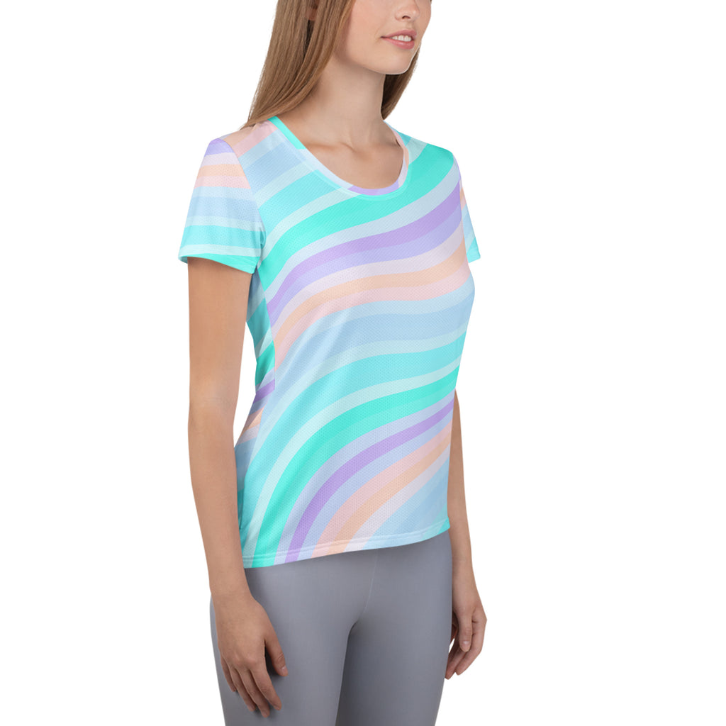 Women’s Pastel Aqua Rainbow Stripe Athletic T-Shirt - Lightweight Moisture Wicking Workout Top With UPF 50+