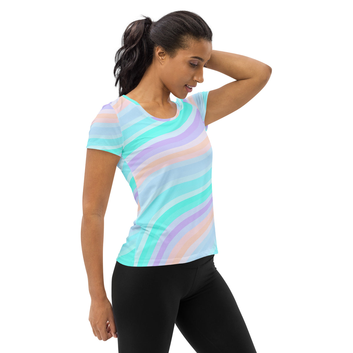 Women’s Pastel Aqua Rainbow Stripe Athletic T-Shirt - Lightweight Moisture Wicking Workout Top With UPF 50+