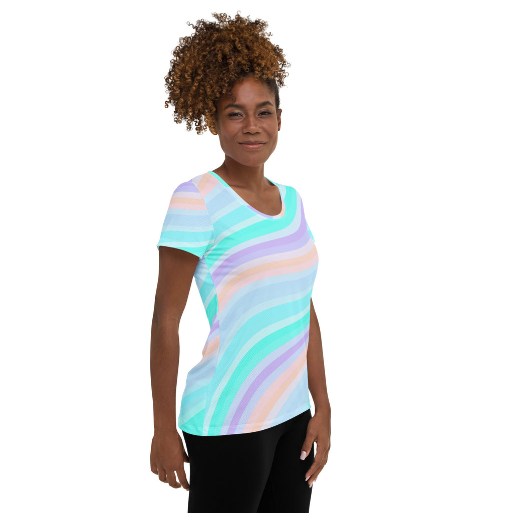 Women’s Pastel Aqua Rainbow Stripe Athletic T-Shirt - Lightweight Moisture Wicking Workout Top With UPF 50+