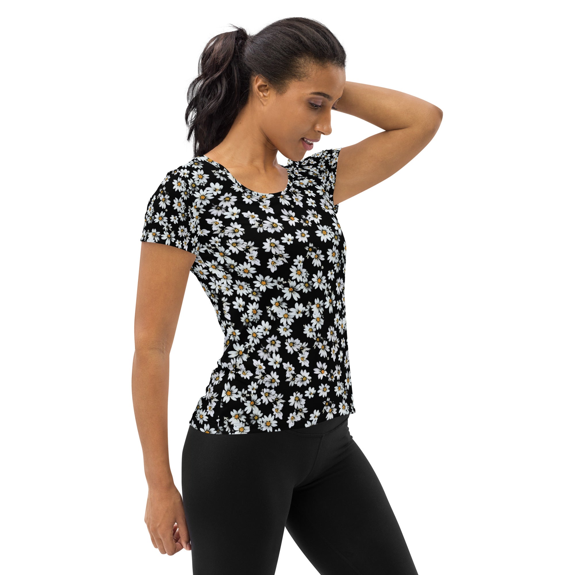 Women’s Black Daisy Athletic T-Shirt - Lightweight Moisture Wicking Workout Top With UPF 50+