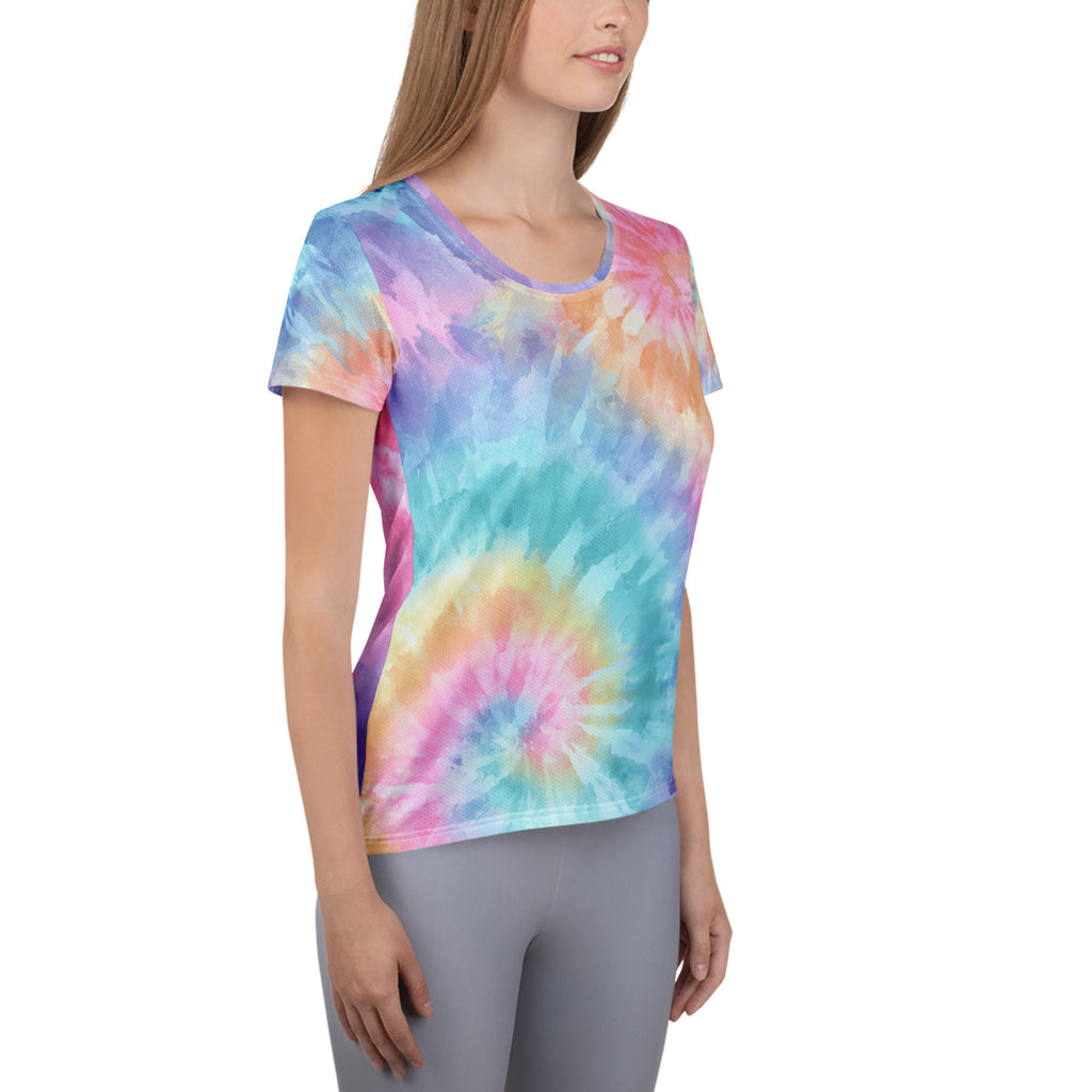 Women’s Rainbow Swirl Tie Dye Athletic T-Shirt - Lightweight Moisture Wicking Workout Top With UPF 50+