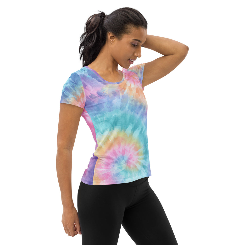 Women’s Rainbow Swirl Tie Dye Athletic T-Shirt - Lightweight Moisture Wicking Workout Top With UPF 50+
