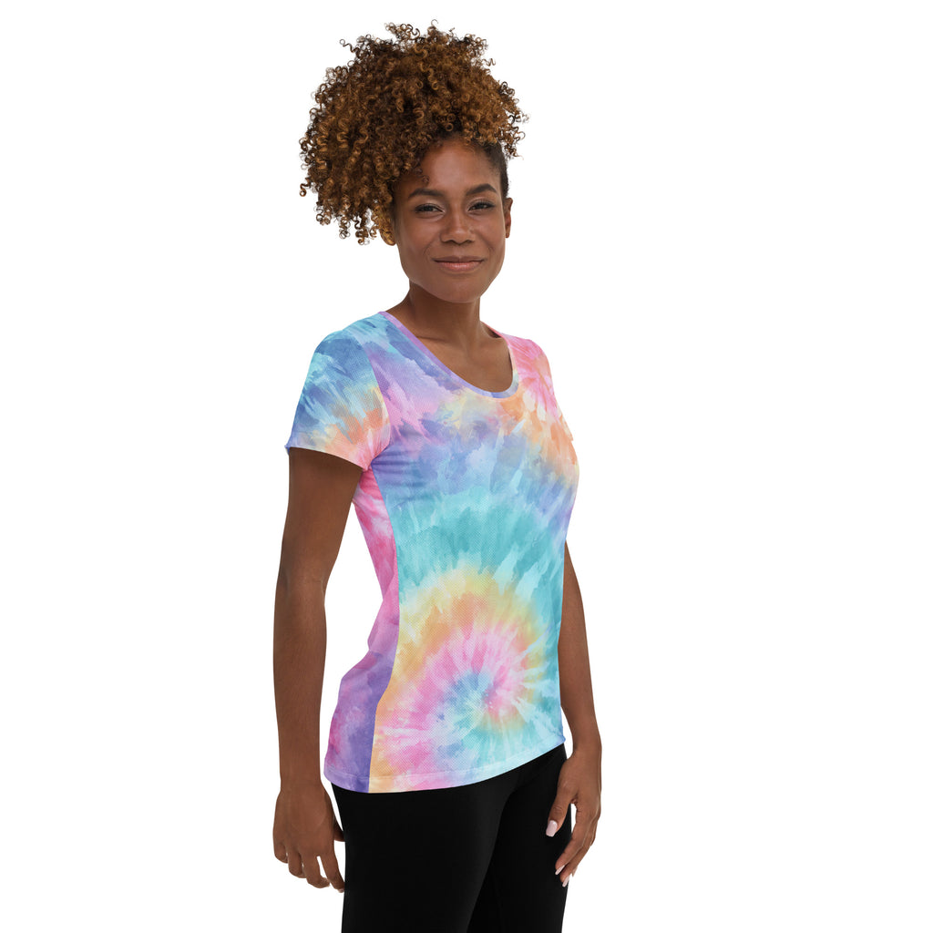 Women’s Rainbow Swirl Tie Dye Athletic T-Shirt - Lightweight Moisture Wicking Workout Top With UPF 50+