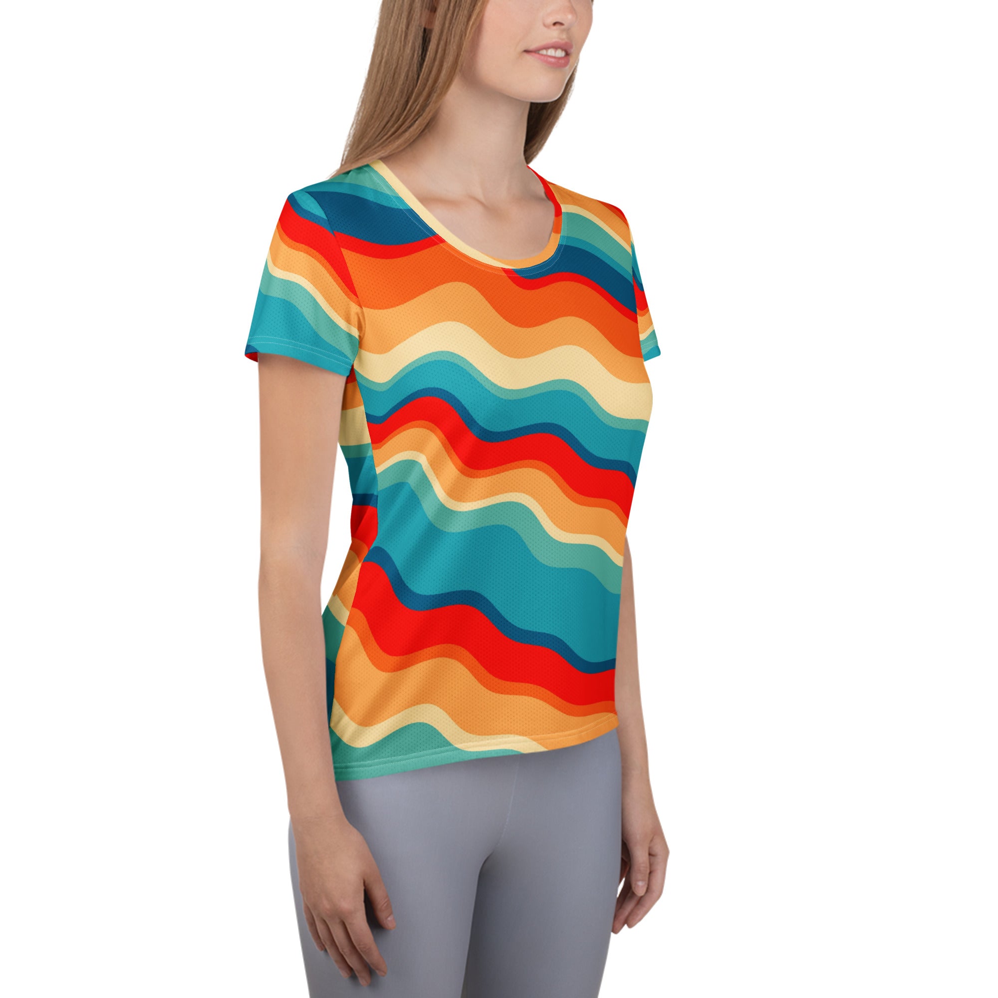 Women’s Bright Sunset Wave Athletic T-Shirt - Lightweight Moisture Wicking Workout Top With UPF 50+