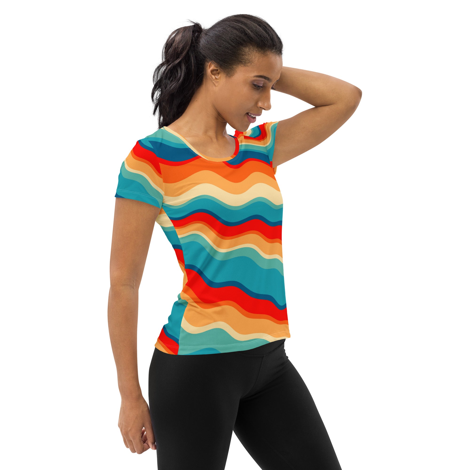 Women’s Bright Sunset Wave Athletic T-Shirt - Lightweight Moisture Wicking Workout Top With UPF 50+